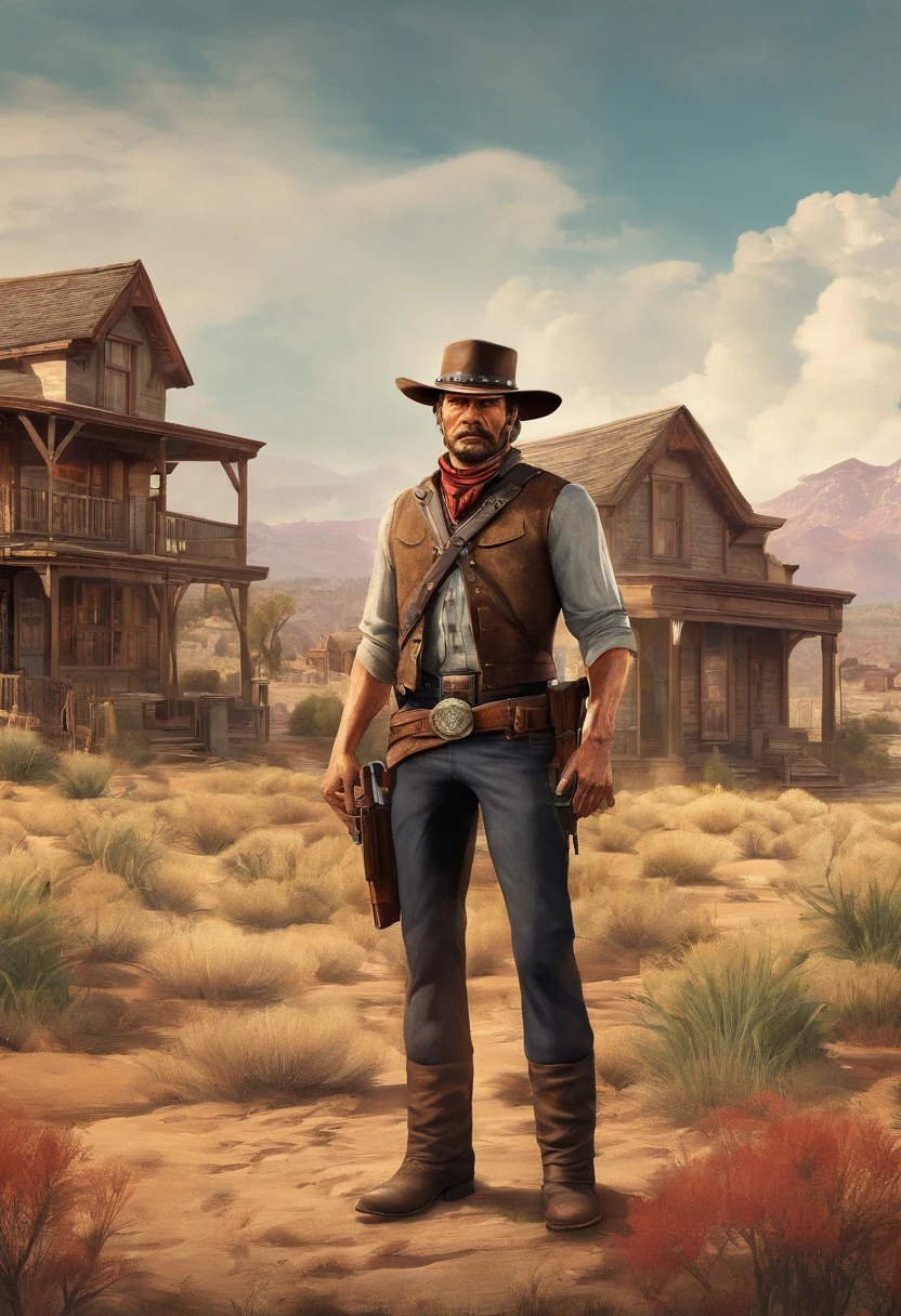 《Red Dead Redemption 2》Full body photo of Lieutenant Sergeant Curtis Malloy, Detailed portrait, Vintage illustration, High-res, Realistic colors, intricate drawing, Aging paper texture, Vibrant colors, Dramatic lighting, Full body shot, Nevada cap, Only mustache, The whole body from the feet to the top. Background of towns in the eastern United States in 1899, There are grasses and trees,In a small town