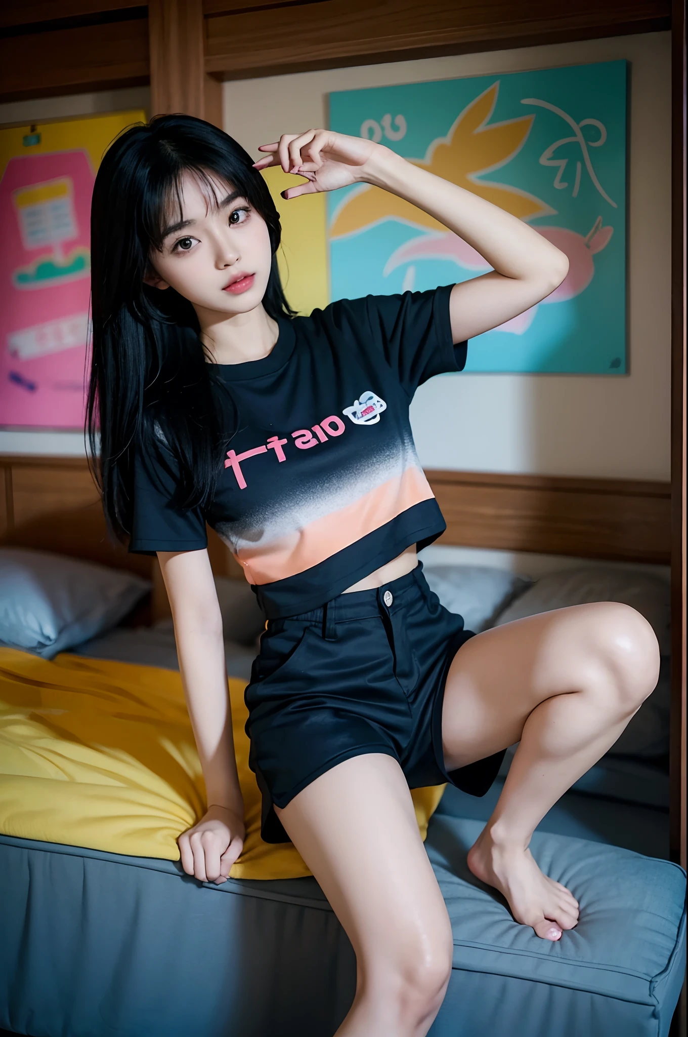 araffe asian woman in a colorful top and black shorts posing for a picture, anime thai girl, cutecore, beautiful asian girl, photo of slim girl, xintong chen, young and cute girl, korean girl, anime girl in real life, shikamimi, chiho, rin, asian girl, young skinny gravure idol, bra and shorts streetwear
Est