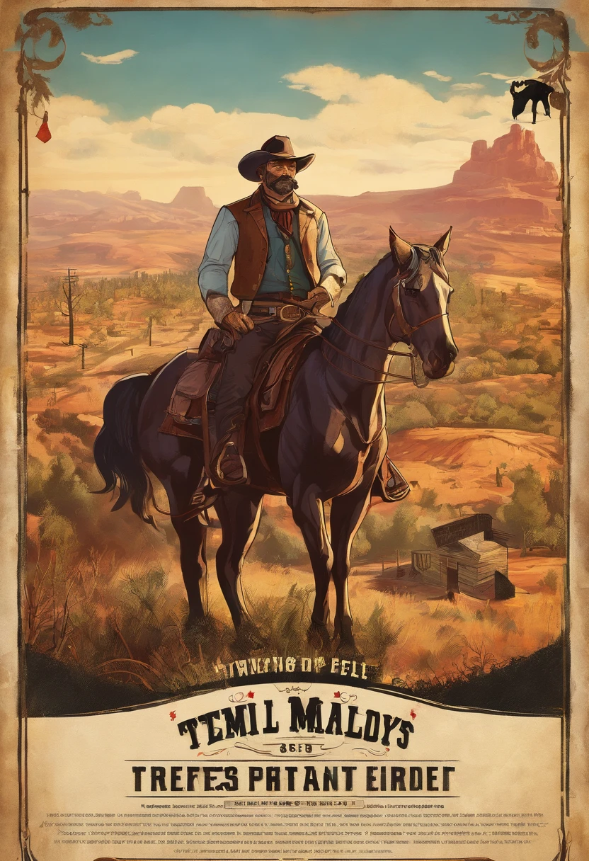 Full body picture of sheriff Curtis Malloy from Red Dead Redemption 2, detailed portrait, vintage illustration, high-res, realistic colors, intricate drawing, aged paper texture, vibrant colors, dramatic lighting, full body shot, Nevada hat, nothing but mustache, full body from feet to top. a American eastern 1899 town background, with grass and trees。