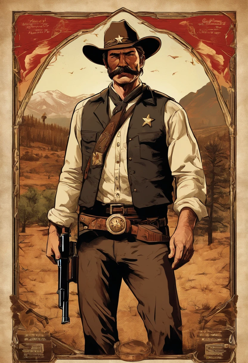 Full body picture of sheriff Curtis Malloy from Red Dead Redemption 2, detailed portrait, vintage illustration, high-res, realistic colors, intricate drawing, aged paper texture, vibrant colors, dramatic lighting, full body shot, Nevada hat, nothing but mustache, full body from feet to top. a American eastern 1899 town background, with grass and trees。