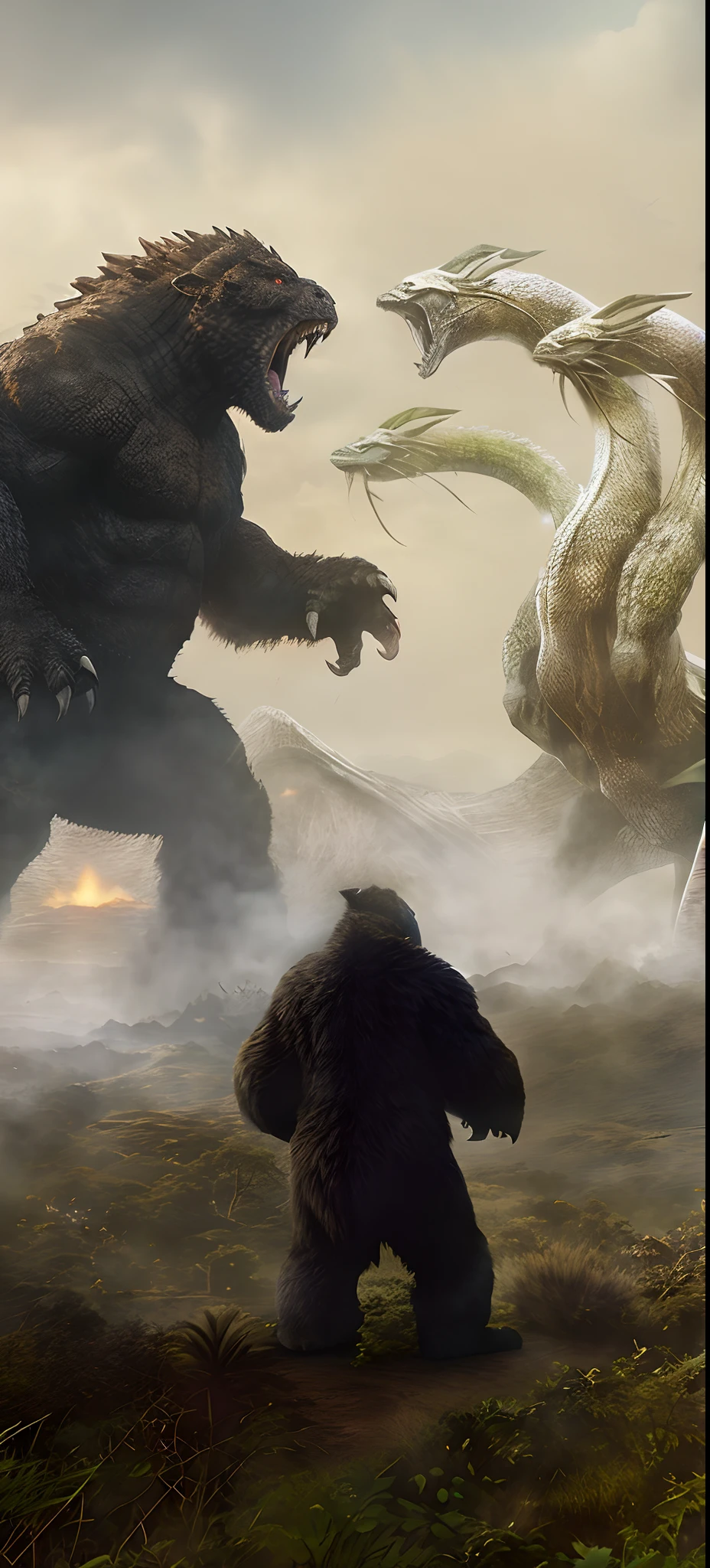 Godzilla and bear compete for giant monsters in the fields, kaiju battle, wojtek fus, dinosaurs and godzilla, Adam and Eve vs. Godzilla, liam neeson versus godzilla, Compared to King Kong Skull Island (2017), hq 4k phone wallpaper, CG art, Kong: skull island (2017), vajra