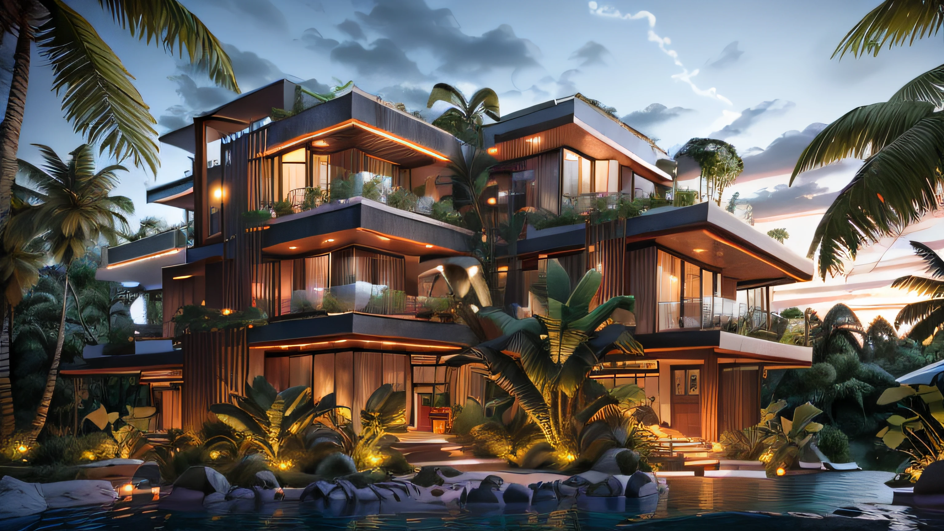 Boho Style, Deluxe Jungle Villa with Roof Garden, Glass villa with sloping roof, modern, Dynamic (RAW photo, Real, Best quality, Masterpiece:1.2), (Ultra photo realsisim, photo-realistic:1.2), High quality, (Dark lighting:1.2), Perfect lighting, archdaily, Award-winning sustainable construction, Cinematic light, golden hour light