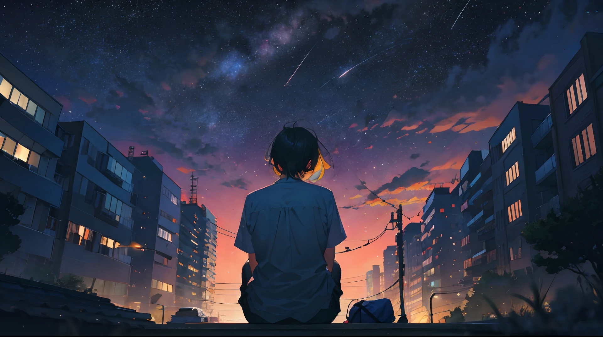 Starry sky and buildings、octans、skyporn、irridescent、Back view of short-haired man、sitting on