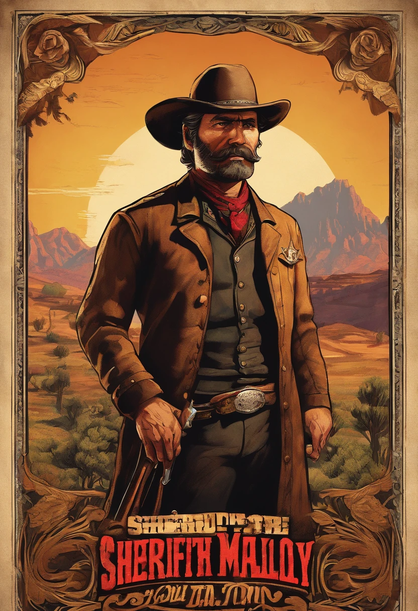 Full body picture of sheriff Curtis Malloy from Red Dead Redemption 2, detailed portrait, vintage illustration, high-res, realistic colors, intricate drawing, vibrant colors, dramatic lighting, full body shot, Nevada hat, nothing but mustache, full body from feet to top. a American eastern 1899 town background, with grass and trees。