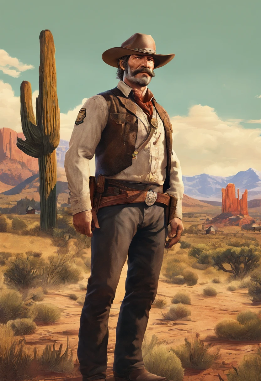 Full body picture of sheriff Curtis Malloy from Red Dead Redemption 2, detailed portrait, vintage illustration, high-res, realistic colors, intricate drawing, vibrant colors, dramatic lighting, full body shot, Nevada hat, nothing but mustache, full body from feet to top. a American eastern 1899 town background, with grass and trees,cigarette card