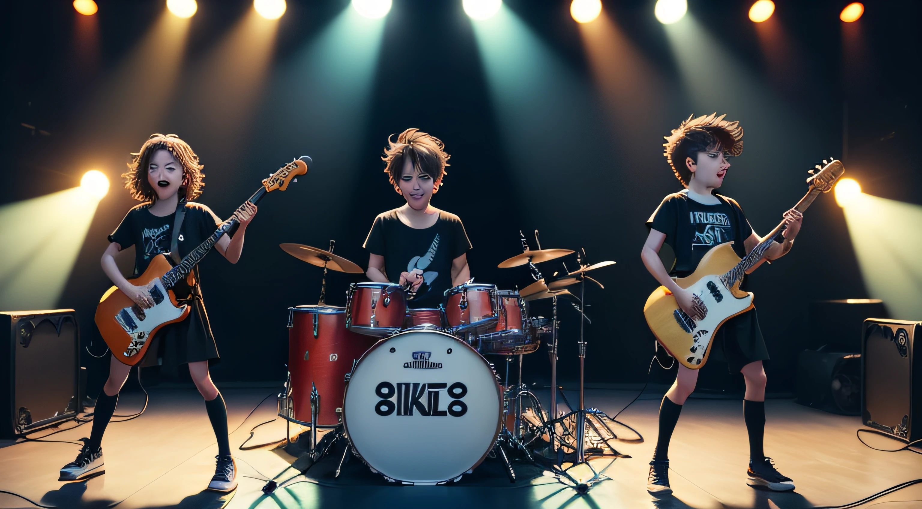 high quality, rock music band for on stage, boys, show me the instruments drums, all on stage during a concert, show lights,