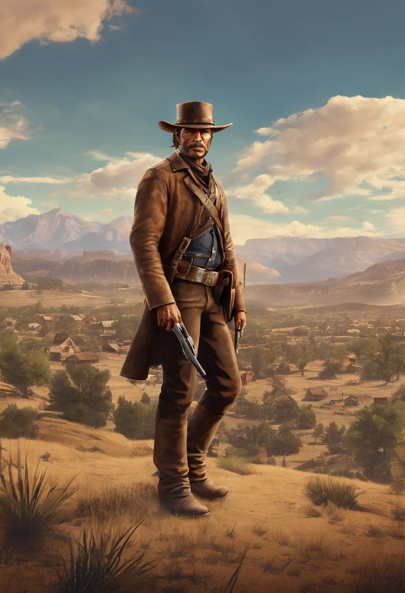 《Red Dead Redemption 2》Full body photo of Lieutenant Sergeant Curtis Malloy, Detailed portrait, Vintage illustration, High-res, Realistic colors, intricate drawing, Aging paper texture, Vibrant colors, Dramatic lighting, Full body shot, Nevada cap, Only mustache, The whole body from the feet to the top. Background of towns in the eastern United States in 1899, There are grasses and trees,In a small town.