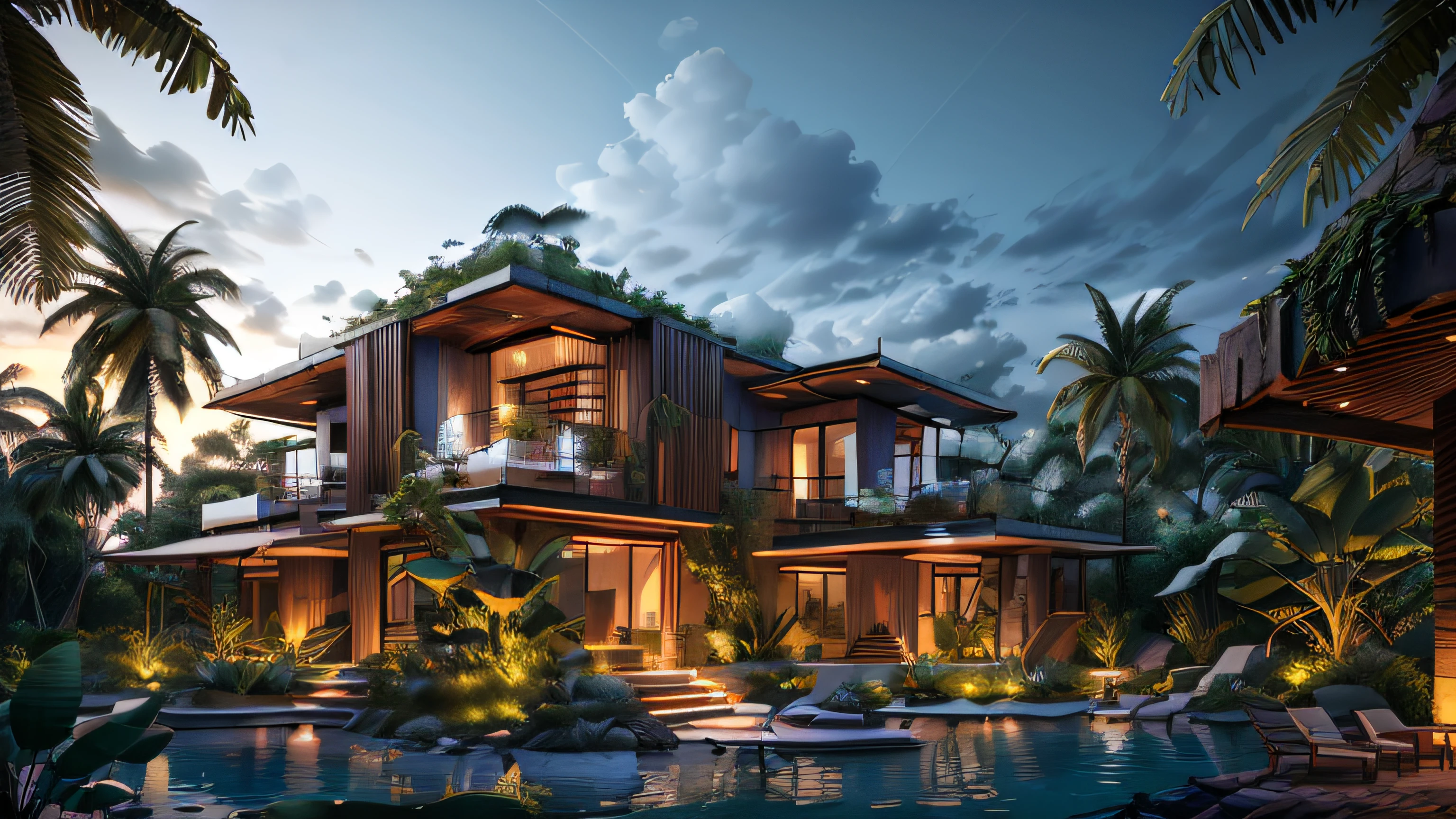 Boho Style, Deluxe Jungle Villa with Roof Garden, Glass villa with sloping roof, modern, Dynamic (RAW photo, Real, Best quality, Masterpiece:1.2), (Ultra photo realsisim, photo-realistic:1.2), High quality, (Dark lighting:1.2), Perfect lighting, archdaily, Award-winning sustainable construction, Cinematic light, golden hour light
