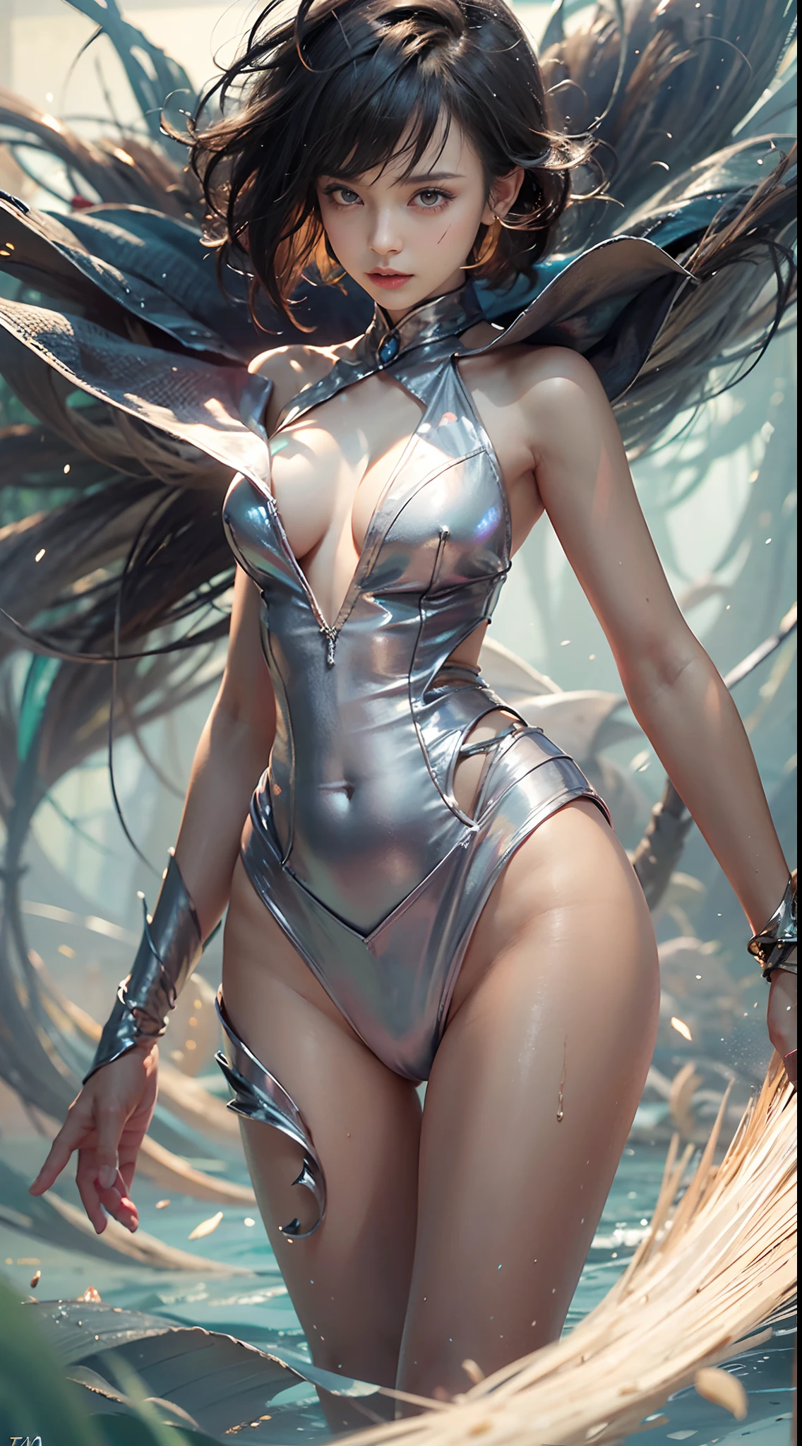 (NSFW), 1womanl, Solo, 24 year old, 7headed body, (cute  face), (Ideal ratio body proportions), long , Fantasia, Magic Effects, summoner, Sexy body, heavy wind, The costume is sheer, Wet, short-hair, Dark hair, small tits, A slender, Small buttocks, beauty legs, Skinny Legs, surrealism, Cinematic lighting, depth of fields, One-person viewpoint, F/1.8, 135 mm, nffsw, masutepiece, ccurate, ((Anatomically correct)), Textured skin, Super Detail, high details, High quality, awardwinning, Best Quality, hight resolution, 8K