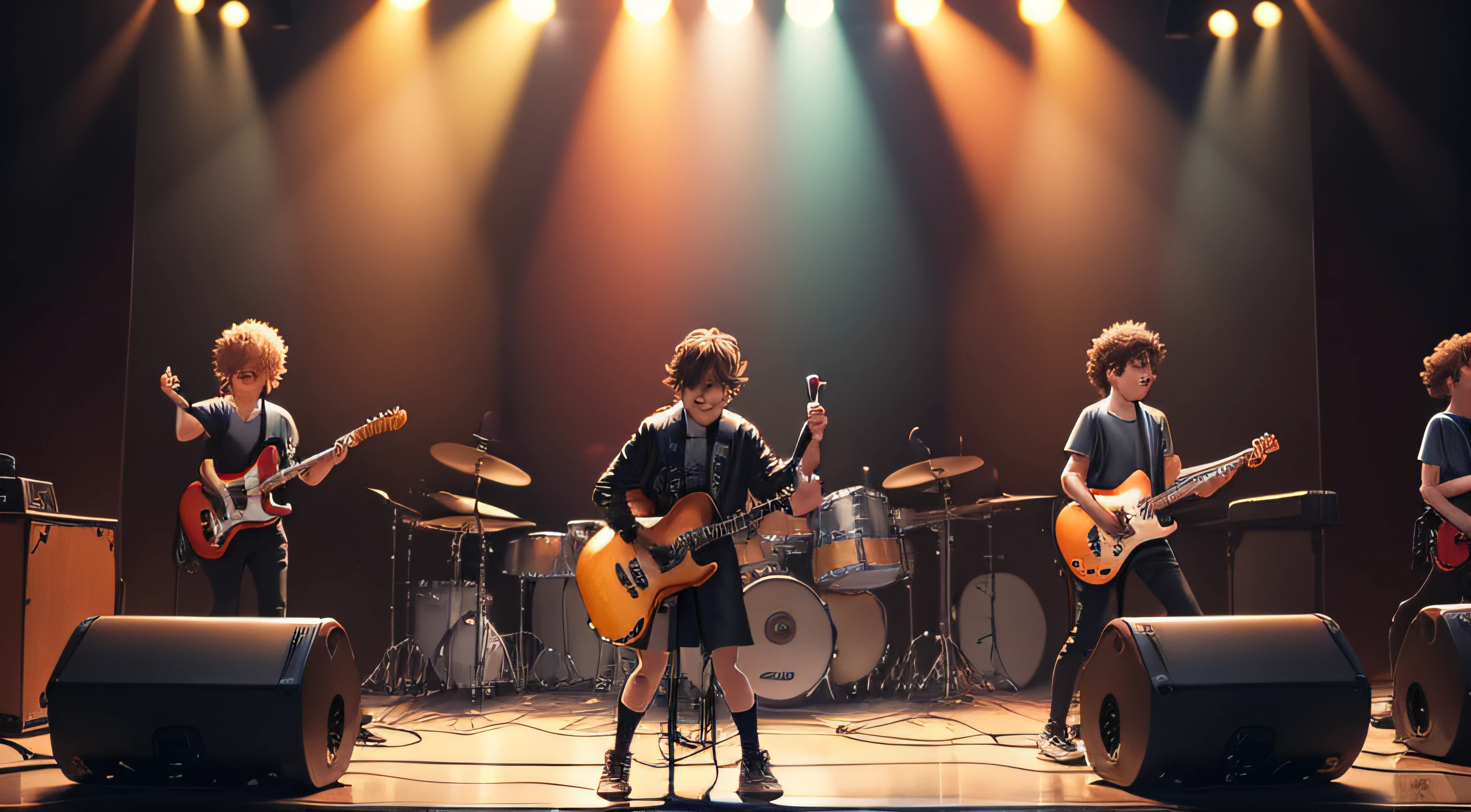 high quality, rock music band for on stage, boys, show me the instruments drums, all on stage during a concert, show lights,