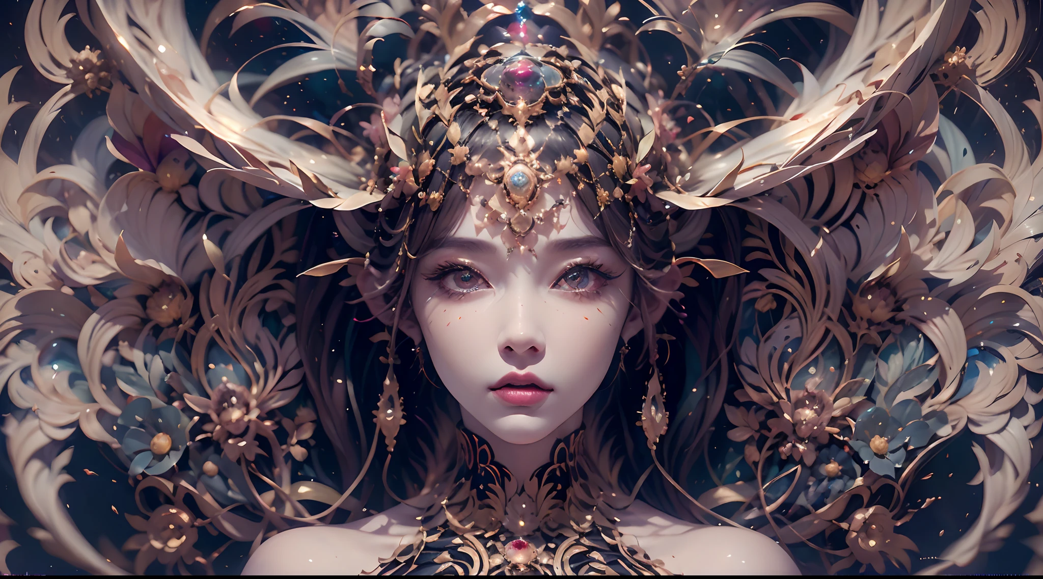 (best qualtiy,ultra - detailed,Most Best Illustration,Best shadow,tmasterpiece,A high resolution,professionalartwork,famousartwork),Detailed eyes,beautidful eyes,closeup cleavage,sci-fy,colored sclera,Robot eyes,face markings,Tattooed with,(fractalized,Fractal eyes),largeeyes,Wide eyes,(Eye focus),sface focus,Cosmic eyes,Space eyes,Close-up of metal sculpture of a woman with a moon in her hair,goddes。extremly high detail,3 d goddess portrait,Extremely detailed footage of the goddess,a stunning portrait of a goddess,Side image of the goddess,portrait of a beautiful goddess,Full body close-up portrait of the goddess,hecate goddess,portrait of a norse moon goddess,goddess of space and time,pureerosface_v1,ulzzang-6500-v1.1,