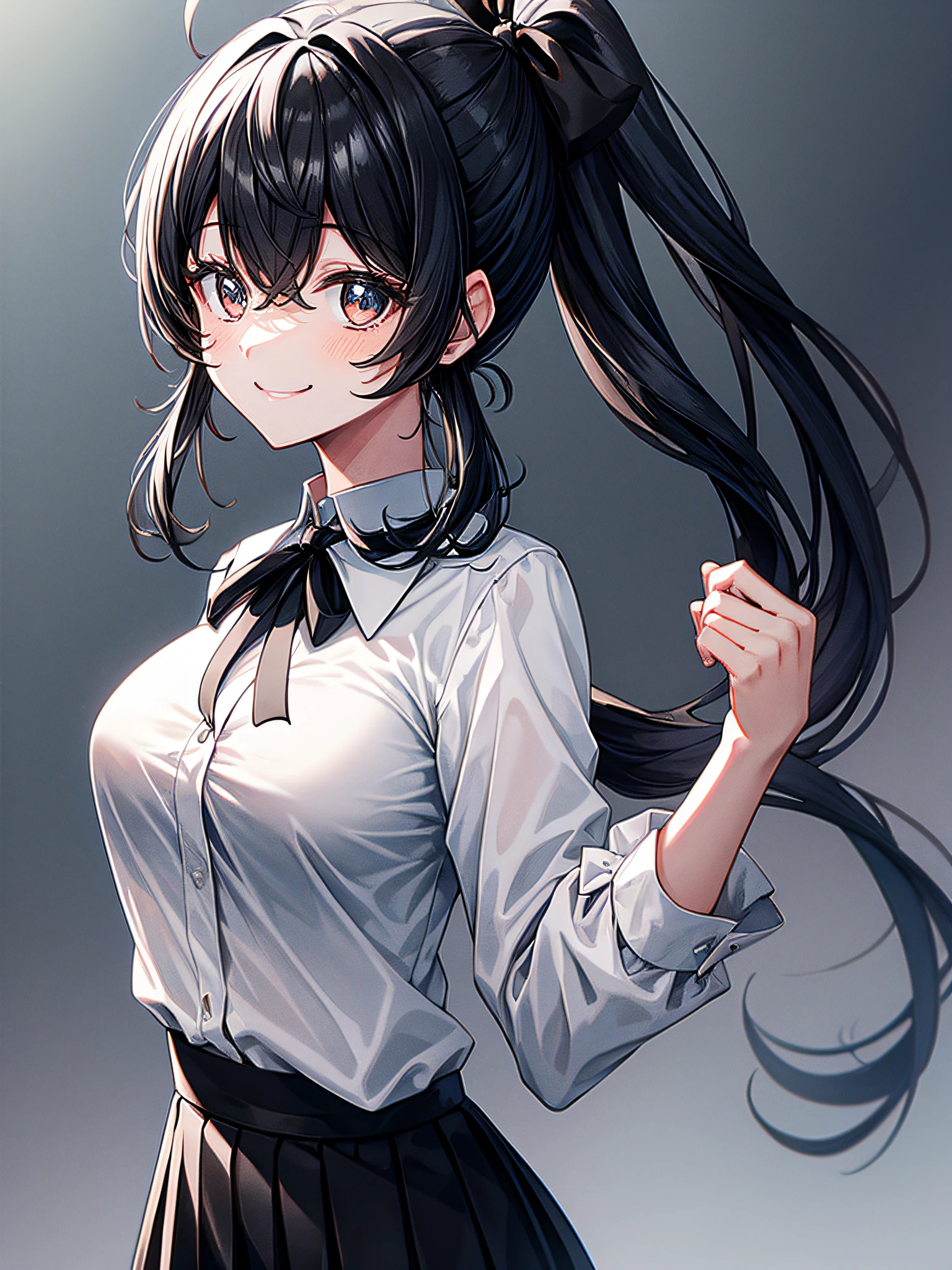black hair, ponytail, white shirt with black ribbon, black mini skirt, smile,