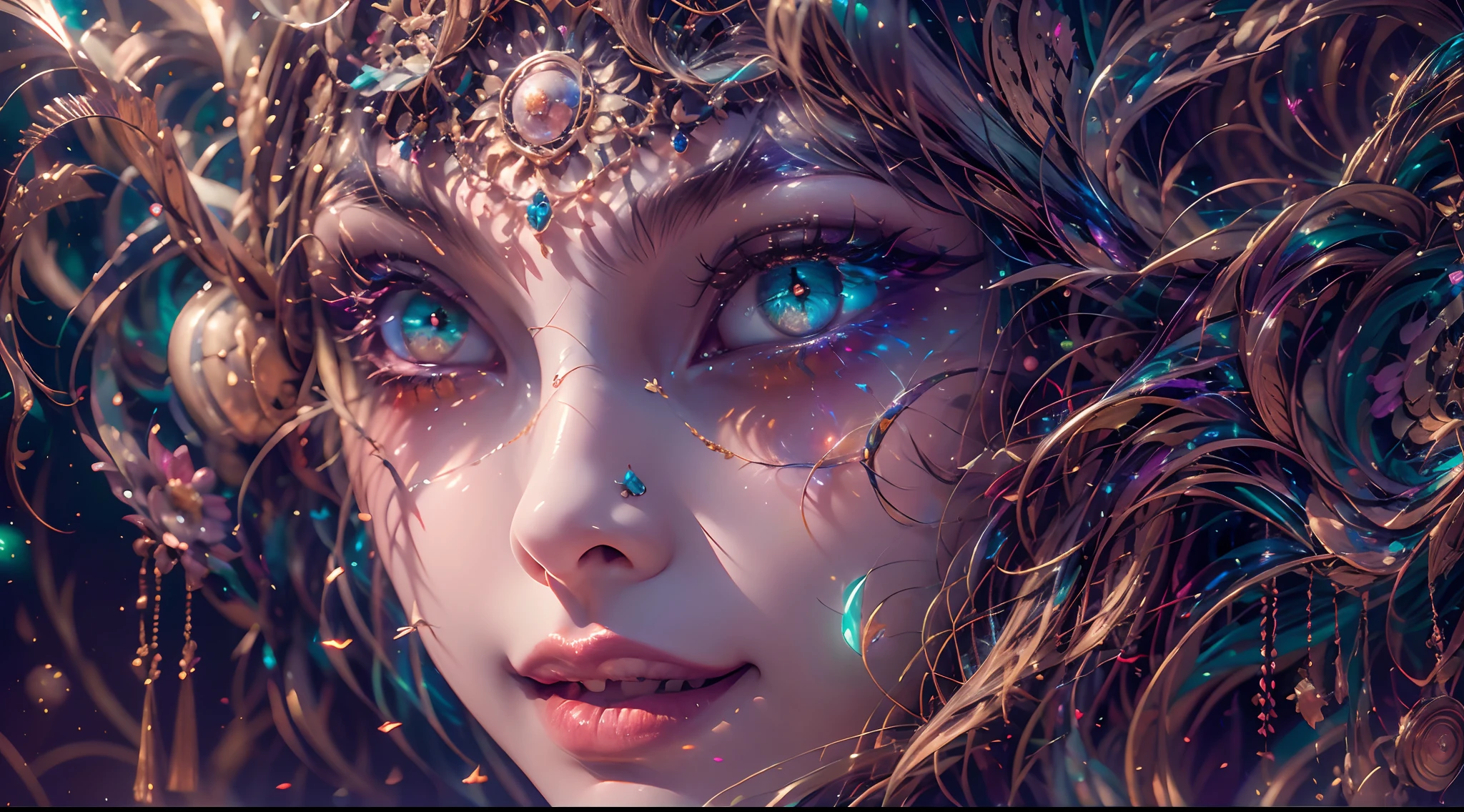 （best qualtiy，ultra - detailed，Most Best Illustration，Best shadow，tmasterpiece，A high resolution，professionalartwork，famousartwork），Detailed eyes，beautidful eyes，closeup cleavage，sci-fy，colored sclera，Robot eyes，face markings，Tattooed with，（fractalized，Fractal eyes），largeeyes，Wide eyes，（Eye focus），sface focus，Cosmic eyes，Space eyes，Close-up of metal sculpture of a woman with a moon in her hair，goddes。extremly high detail，3 d goddess portrait，Extremely detailed footage of the goddess，a stunning portrait of a goddess，Side image of the goddess，portrait of a beautiful goddess，Full body close-up portrait of the goddess，hecate goddess，portrait of a norse moon goddess，goddess of space and time，pureerosface_v1，ulzzang-6500-v1.1，