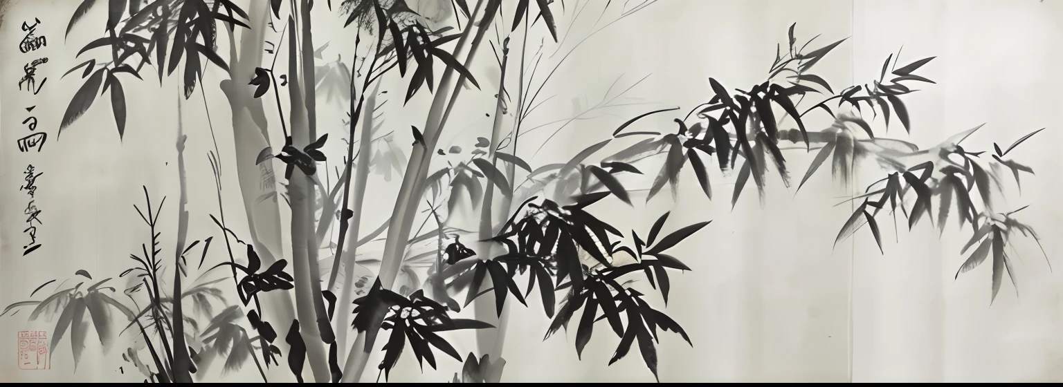 Black and white ink painting，Black and white ink，tmasterpiece，bamboos，Master composition，tmasterpiece，Calligraphy strokes，k hd