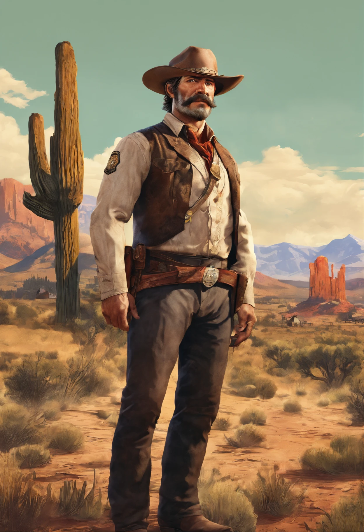 Full body picture of sheriff Curtis Malloy from Red Dead Redemption 2, detailed portrait, vintage illustration, high-res, realistic colors, intricate drawing, vibrant colors, dramatic lighting, full body shot, Nevada hat, nothing but mustache, full body from feet to top. a American eastern 1899 town background, with grass and trees。