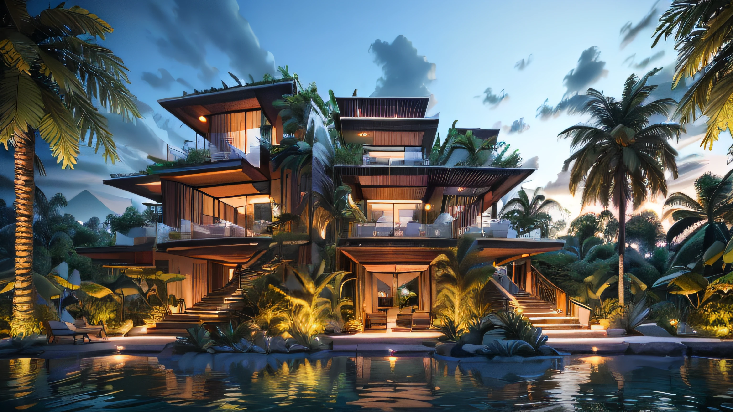 Boho Style, Deluxe Jungle Villa with Roof Garden, Glass villa with sloping roof, modern, Dynamic (RAW photo, Real, Best quality, Masterpiece:1.2), (Ultra photo realsisim, photo-realistic:1.2), High quality, (Dark lighting:1.2), Perfect lighting, archdaily, Award-winning sustainable construction, Cinematic light, golden hour light