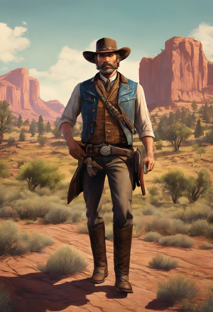 Full body picture of sheriff Curtis Malloy from Red Dead Redemption 2, detailed portrait, vintage illustration, high-res, realistic colors, intricate drawing, vibrant colors, dramatic lighting, full body shot, Nevada hat, nothing but mustache, full body from feet to top. a American eastern 1899 town background, with grass and trees,cigarette card