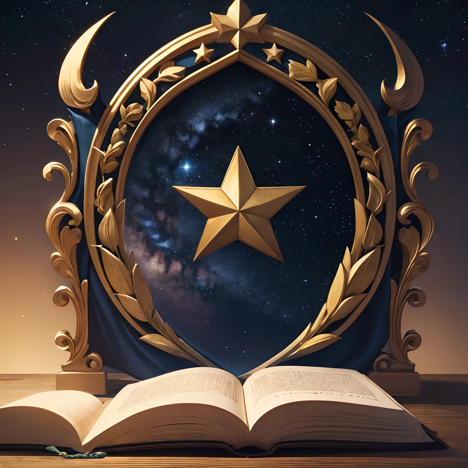 An open book rests beneath the star, symbolizing the quest for knowledge and education, coat of arms