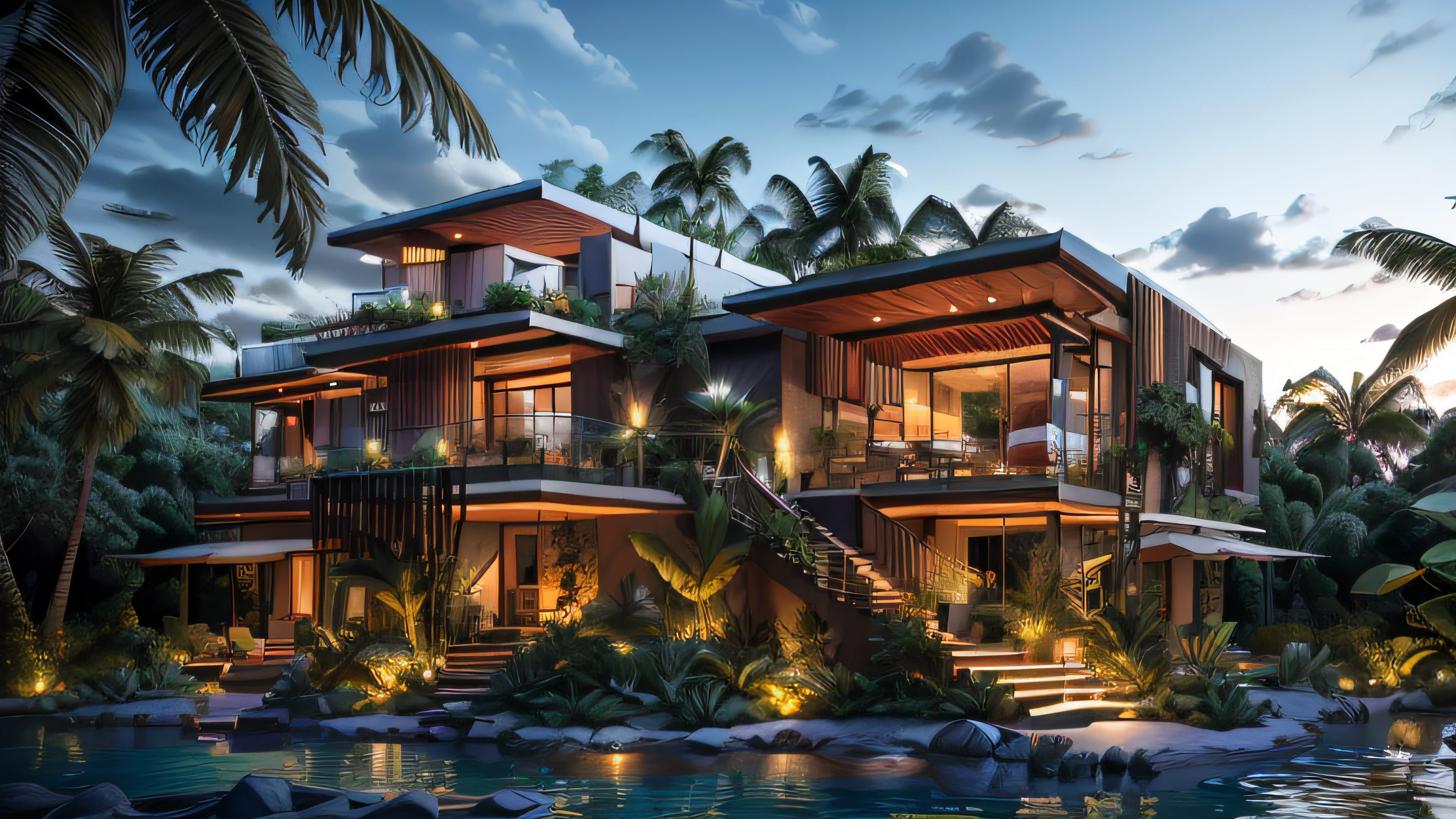 Boho Style, Deluxe Jungle Villa with Roof Garden, Glass villa with sloping roof, modern, Dynamic (RAW photo, Real, Best quality, Masterpiece:1.2), (Ultra photo realsisim, photo-realistic:1.2), High quality, (Dark lighting:1.2), Perfect lighting, archdaily, Award-winning sustainable construction, Cinematic light, golden hour light