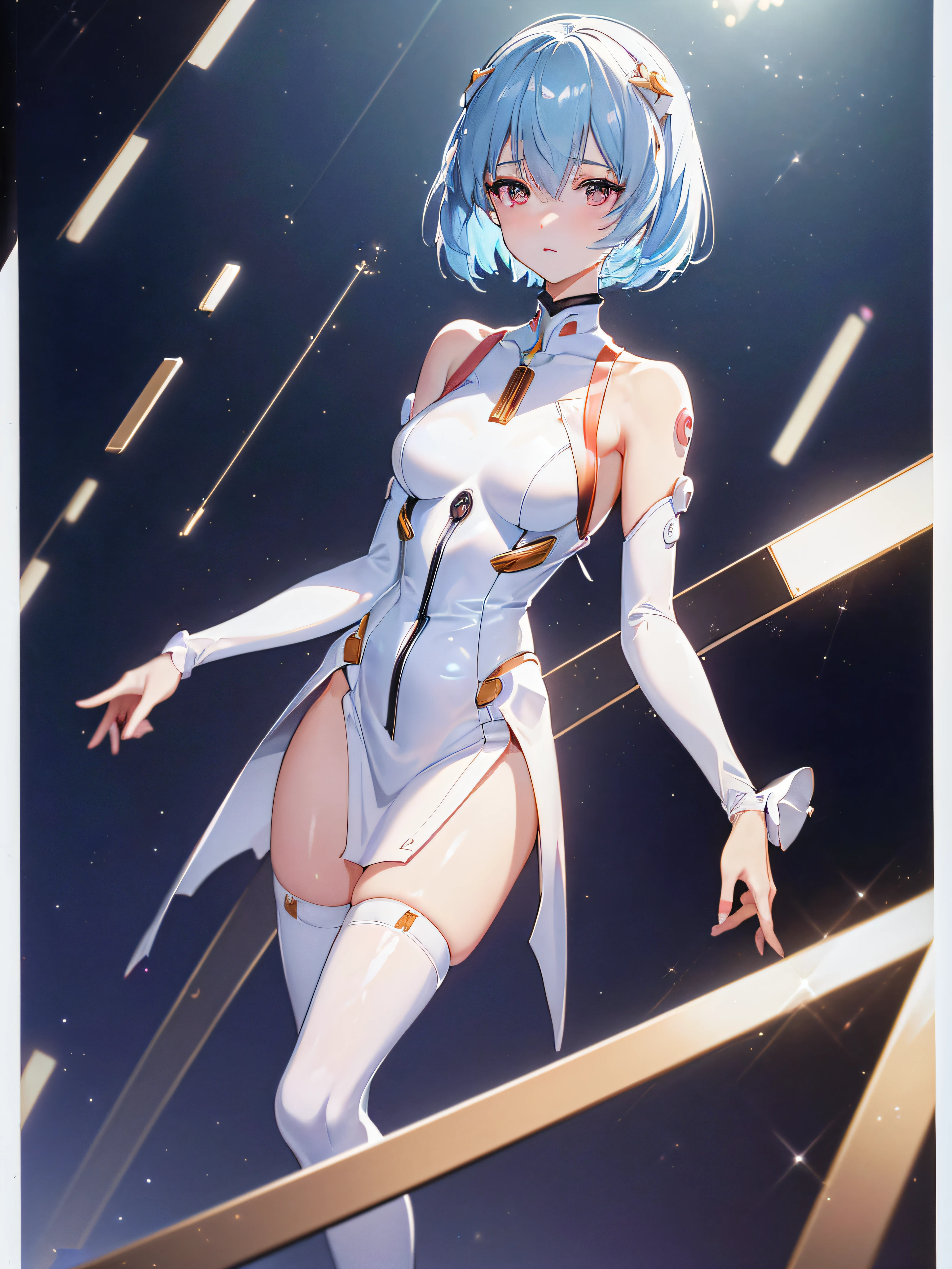 (((ayanami rei))),1girl,solo,(masterpiece,best quality, official art,aim to viewers, beautiful and aesthetic:1.2),(ultra high res,spiral, golden ratio, (4k),stars, seen from above,space,floating,good lighting, (photon mapping, radiosity, physically-based rendering,automatic white balance), technological sense,Amazing,sharp focus,rich background, (((high detailed skin,)))dynamic lighting,intricate detailed outfit,kawaii,glowing eyes,watery eyes,((short hair,))deadpan, skiny,  turtle neck, body suit, mechs,(masterpiece sidelighting),(bishoujo,lustrous),(sky blue hair,pink eyes,）[[delicate fingers and hands:0.55]::0.85],(detail fingers),((((SLR camera lens reflected in the eyes,)))),((incredibly absurdres)),micro shot,focus on face,at night,FilmGirl