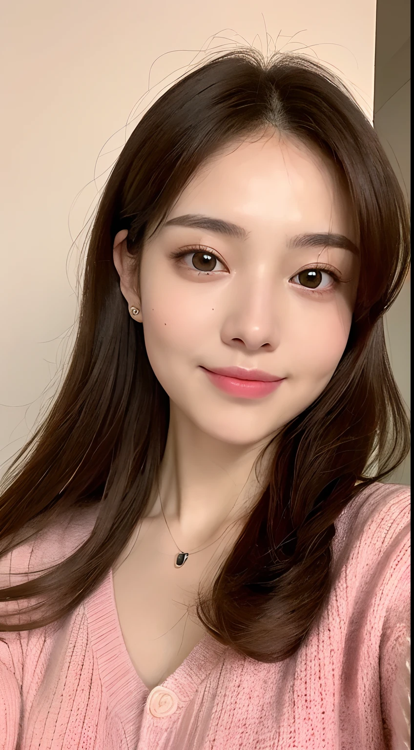 ((Daytime, Realistic Light, highest quality, 8k, masterpiece: 1.3)), One girl, Slim Beauty: 1.4, (Brown Hair,), Pink long sweater: 1.1, Super Fine Face, Delicate eyes, double eyelid, smile, necklace