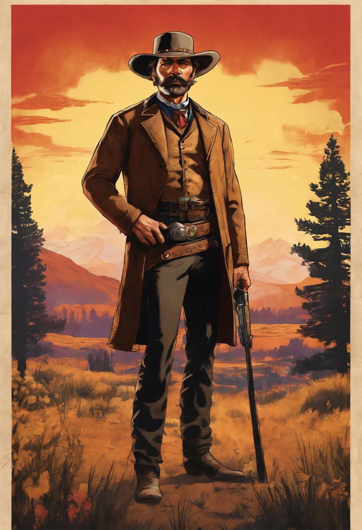 Full body picture of sheriff Curtis Malloy from Red Dead Redemption 2, detailed portrait, vintage illustration, high-res, realistic colors, intricate drawing, vibrant colors, dramatic lighting, full body shot, Nevada hat, nothing but mustache, full body from feet to top. a American eastern 1899 town background, with grass and trees,cigarette card
