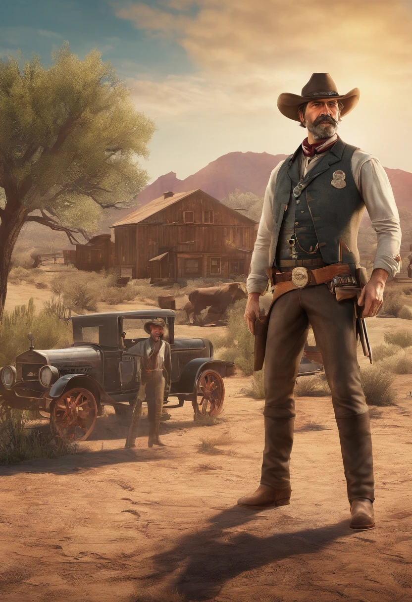 Full body picture of sheriff Curtis Malloy from Red Dead Redemption 2, detailed portrait, vintage illustration, high-res, realistic colors, intricate drawing, vibrant colors, dramatic lighting, full body shot, Nevada hat, nothing but mustache, full body from feet to top. a American eastern 1899 town background, with grass and trees,cigarette card