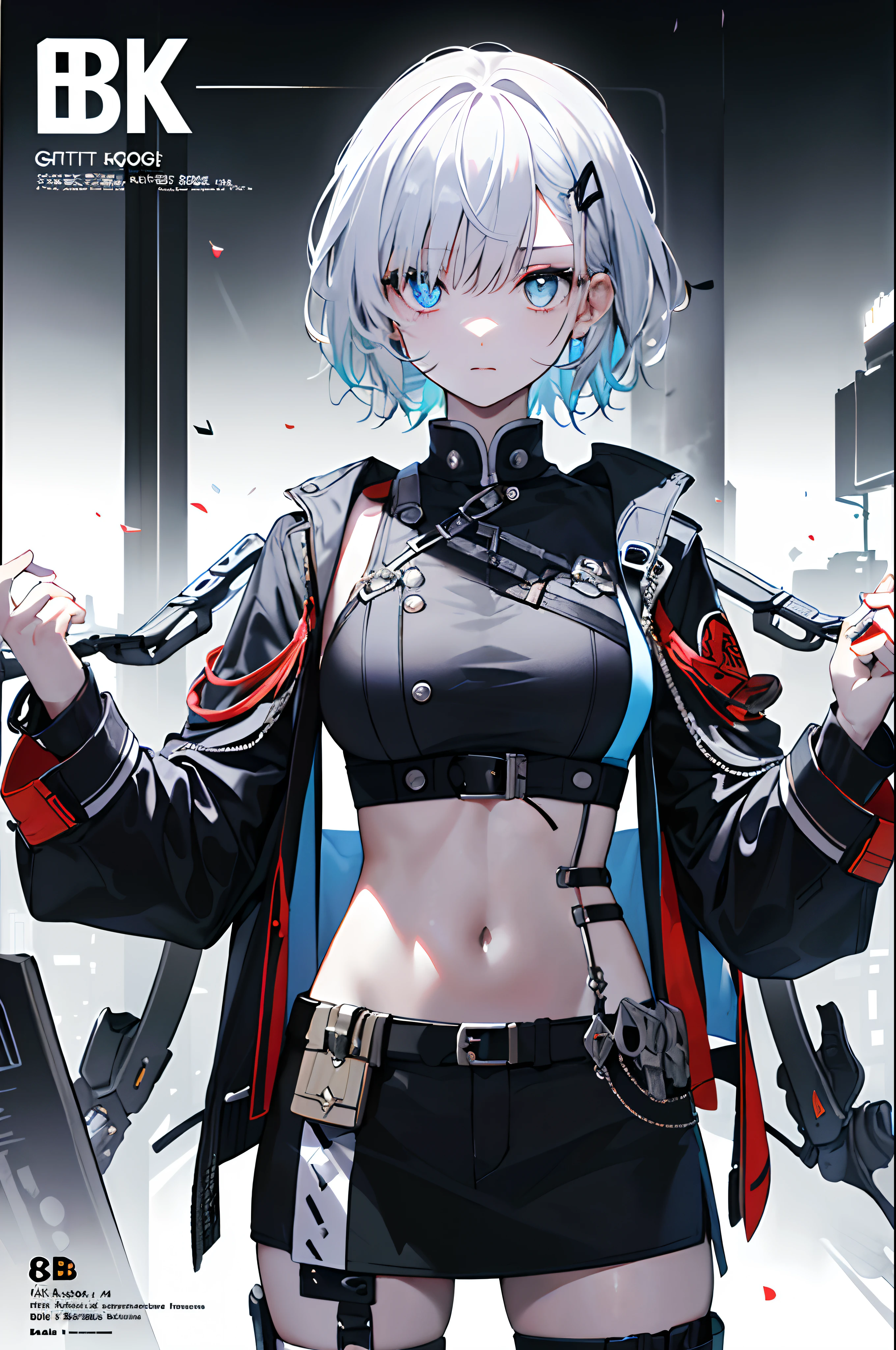((((Dramatic))), (((grittiness))), (((Intense))) The movie poster features a young woman as the central character。She stands confidently in the center of the poster,Wear fashion-forward cyborg-futuristic outfits,with a determined expression on her face。The background is dark and gritty,There is a sense of danger and a strong feeling。The text is bold and eye-catching,With catchy slogans,Adds to the overall drama and excitement。The color palette is dominated by dark colors,Dotted with bright colors,Make the poster dynamic and visually striking,tachi-e (Magazines:1.3), (Cover-style:1.3), Fashionab, woman, vibrant, Outfit, posing on a, Front,rich colourful,dyna,Background with,element in,self-assured,Expressing the,halter,statement,Attachment,A majestic,coil,Runt,Touching pubic area,Scenes,text,Cover of a,boldness,attention-grabbing,titles,Fashionab,typeface,Catchy,titles,more big,Smart、moderno、Trendy、focus-on、Fashionab、,tmasterpiece,Need,Best quality at best,Hyper-detailing,8K ,hyper HD