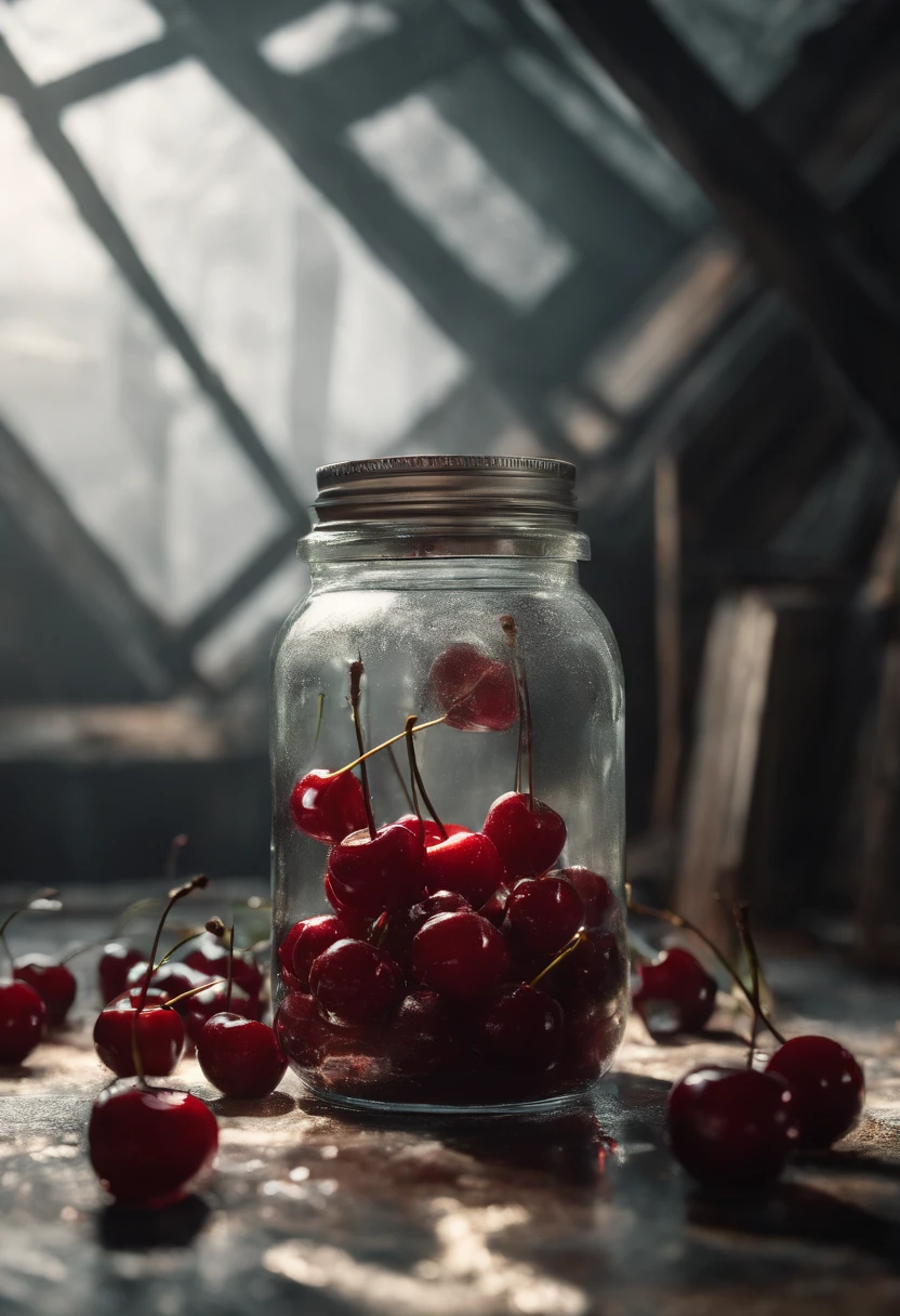 Cherry in a jar, Fluffy, Realistic, Atmospheric light refraction, photographed:by lee jeffries, Nikon D850 Film Stock Photo 4 Kodak Portra 400 Camera F1.6 lens, Rich colors, ultra realistic realistic textures, Dramatic Lighting, Unreal Engine in Trend at Art Station Cinestill 800, Style-Glass