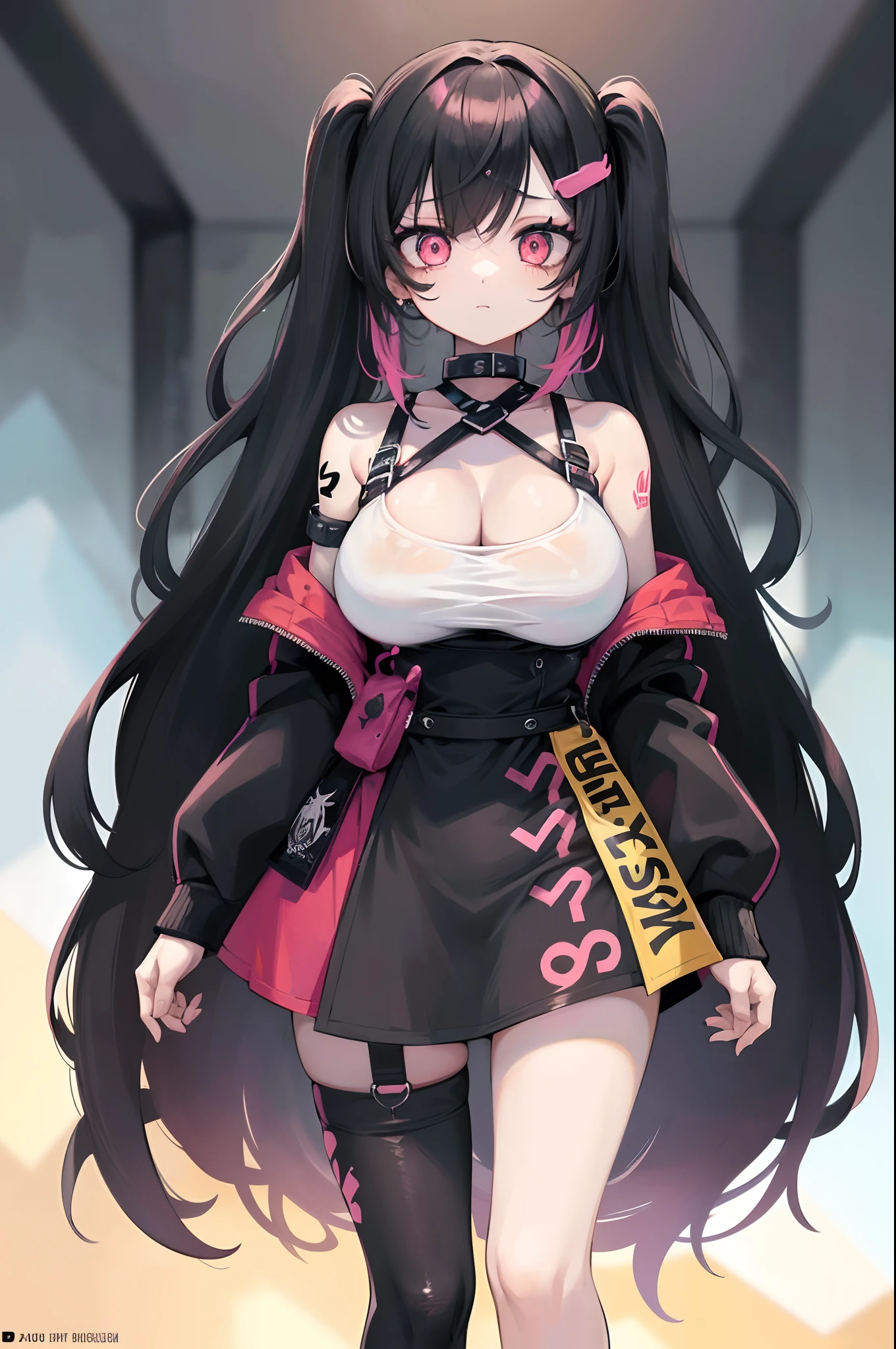 1 girl, black hair, woman, pony tail, bright pink eyes, pastel colors, huge breastes, Cute hair clips, tattoos on body, bracelets on hands, The film's poster depicts a young woman as the central character, She stands confidently in the center of the poster, Wear trendy cyborg-futuristic outfits, with a determined expression on his face, The background is dark and grainy, There is a sense of danger and a strong sense, The text turned out to be bold and attracted attention, with catchy slogans, Adds overall drama and excitement, The color palette is dominated by dark colors, dotted with bright colors