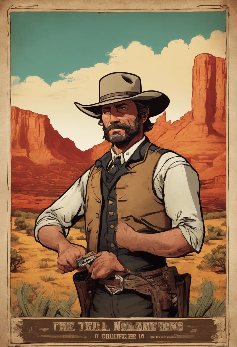 Full body picture of sheriff Curtis Malloy from Red Dead Redemption 2, detailed portrait, vintage illustration, high-res, realistic colors, intricate drawing, vibrant colors, dramatic lighting, full body shot, Nevada hat, nothing but mustache, full body from feet to top. a American eastern 1899 town background, with grass and trees,cigarette card