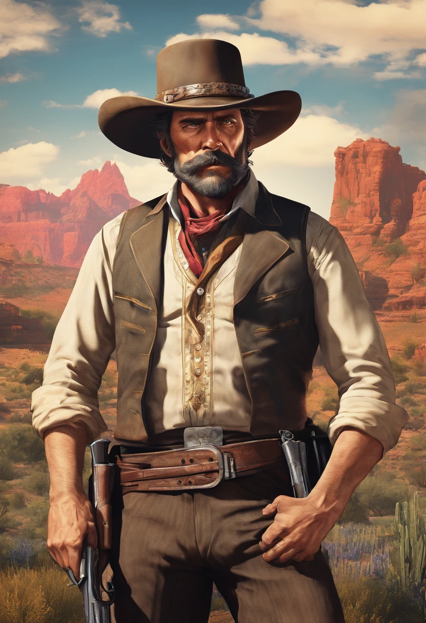 Full body picture of sheriff Curtis Malloy from Red Dead Redemption 2, detailed portrait, vintage illustration, high-res, realistic colors, intricate drawing, vibrant colors, dramatic lighting, full body shot, Nevada hat, nothing but mustache, full body from feet to top. a American eastern 1899 town background, with grass and trees,cigarette card