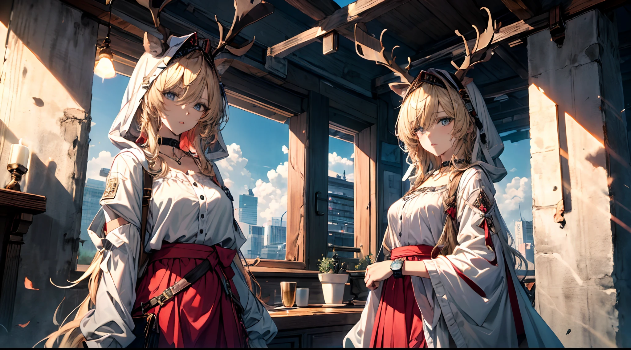 (((Masterpiece))),(incredibly_absurderes),(Best quality),(A high resolution),(Highly detailed),((CG unity 8k wallpaper)),Best quality at best,tmasterpiece,1girll,blond hairbl,messy hair,curly_Hair,The shirt,a skirt,kawai,JK,Red_bow,Wrist watch,choker necklace,view over city,Original photo of 8K,超高分辨率,highest details,复杂,8K,hdr,