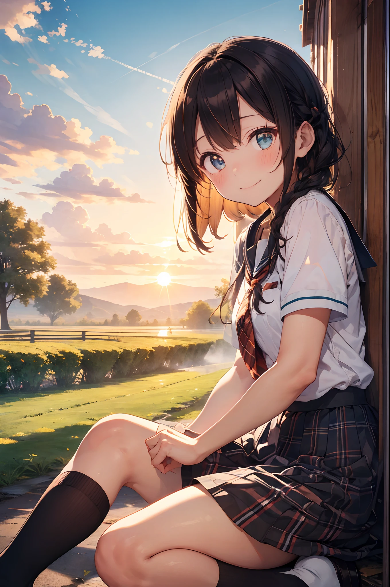 top-quality、Masterpiece、1womanl、独奏、20yr old、low angle、(cyan eyes:1.1)、happy smile、closes mouth、brown single braid、white school uniform、Black Socks、plaid skirt、blushing、Akame、early evening、Lots of countryside、Big sunset、Orange view、Small necklace、