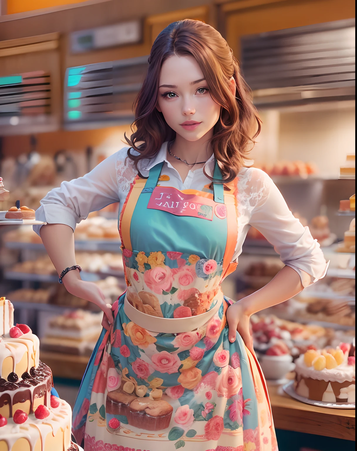 A detailed cake, cute, saturated colors, In a bakery, (cake:1.3), masterpiece, best quality, beautiful slim girl, wearing an apron, small waist, wide hips, beautiful girl, chyler Leigh