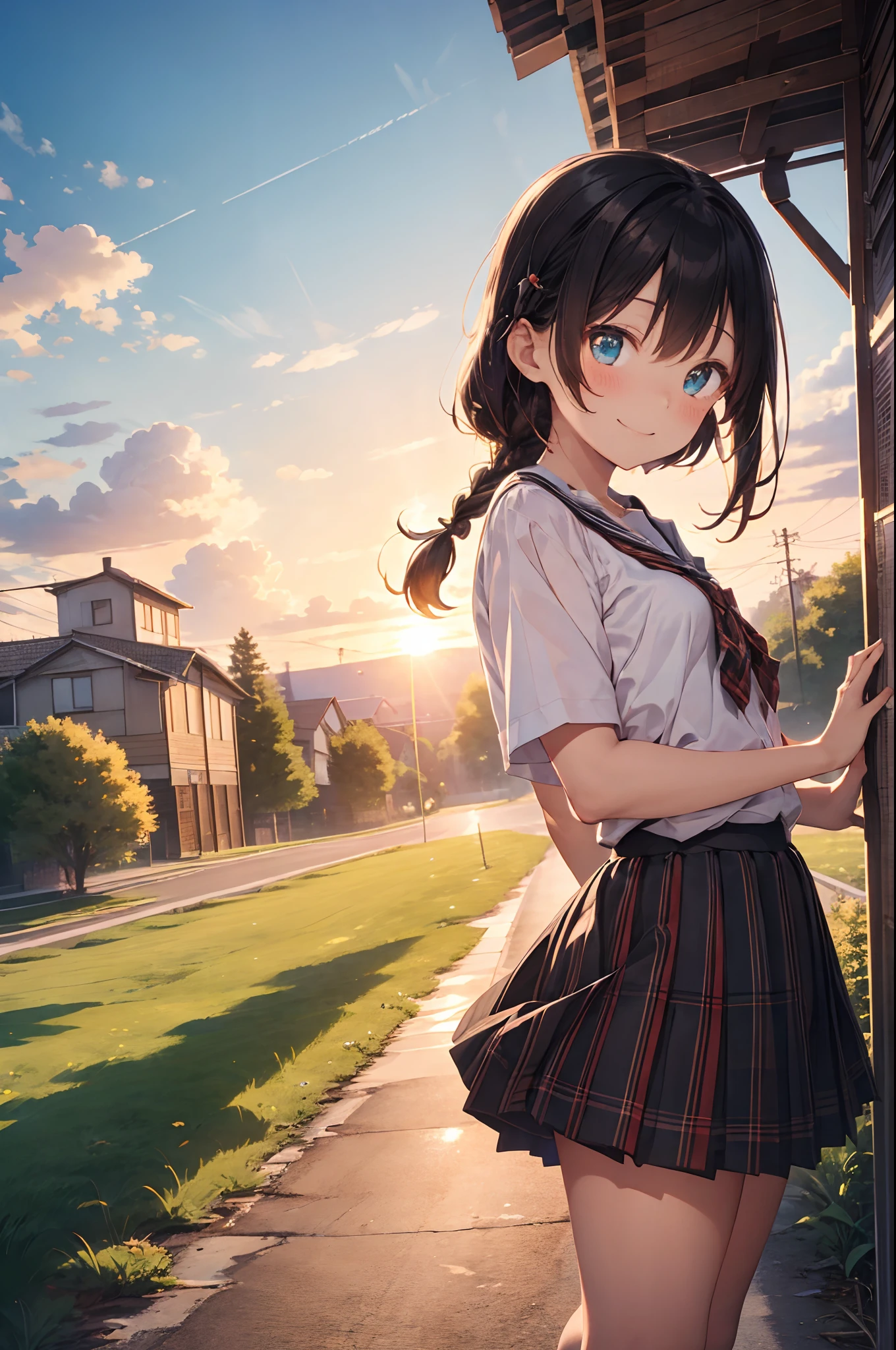 top-quality、Masterpiece、1womanl、独奏、20yr old、low angle、(cyan eyes:1.1)、happy smile、closes mouth、brown single braid、white school uniform、Black Socks、plaid skirt、blushing、Akame、early evening、Lots of countryside、Big sunset、Orange view、Small necklace、