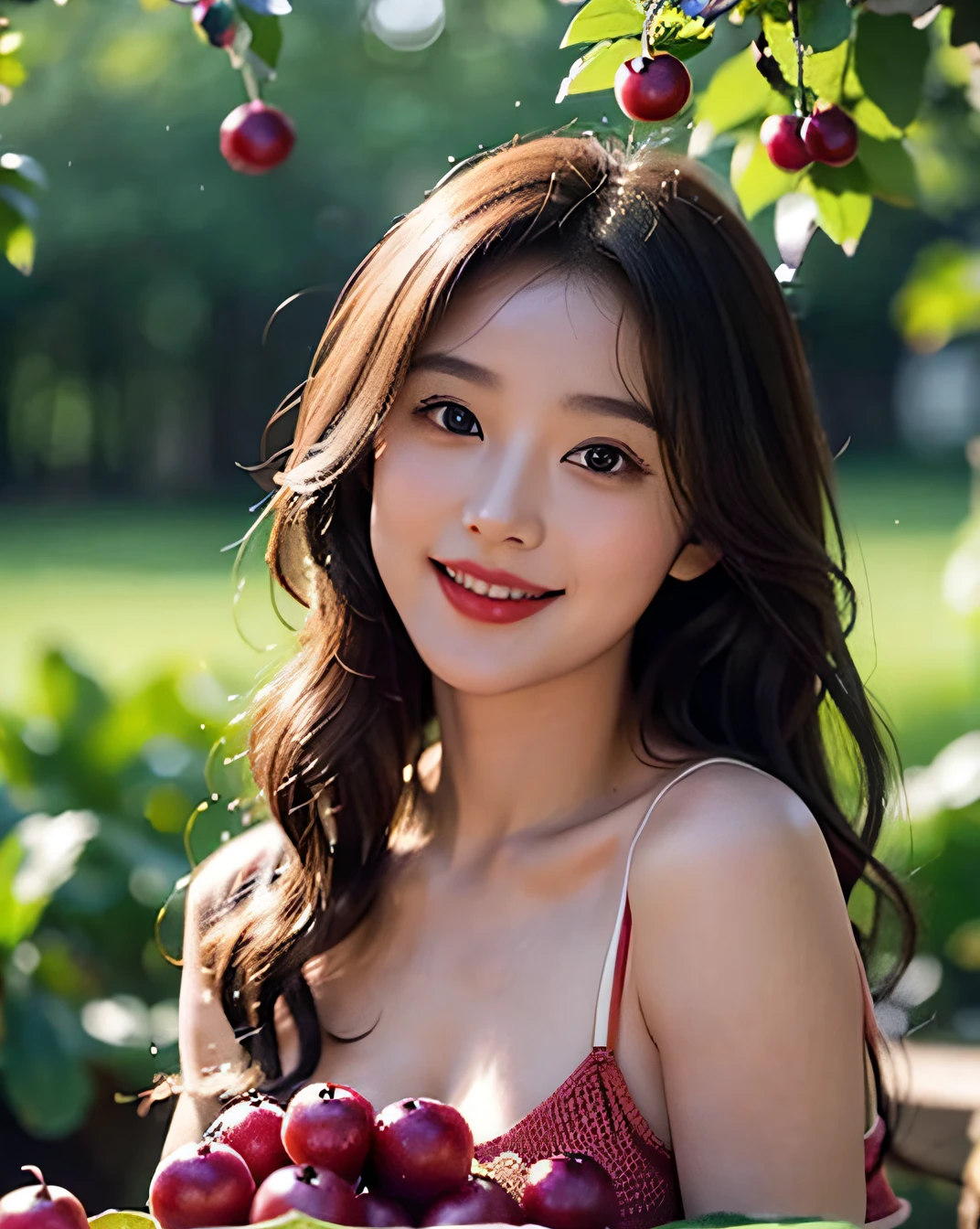 femele、big eye、Super Detail Eyes、Hair in super detail、Curly hair、bokeh feeling、Natural makeup、夏天、A smile、sweets、Brilliant、fruit、apple、dining、Dolce、great outdoors、large full breasts、red-lips、Little red cheeks、1 person、Beautiful nails、nature backdrop、Bewitching、the woods、Red berries