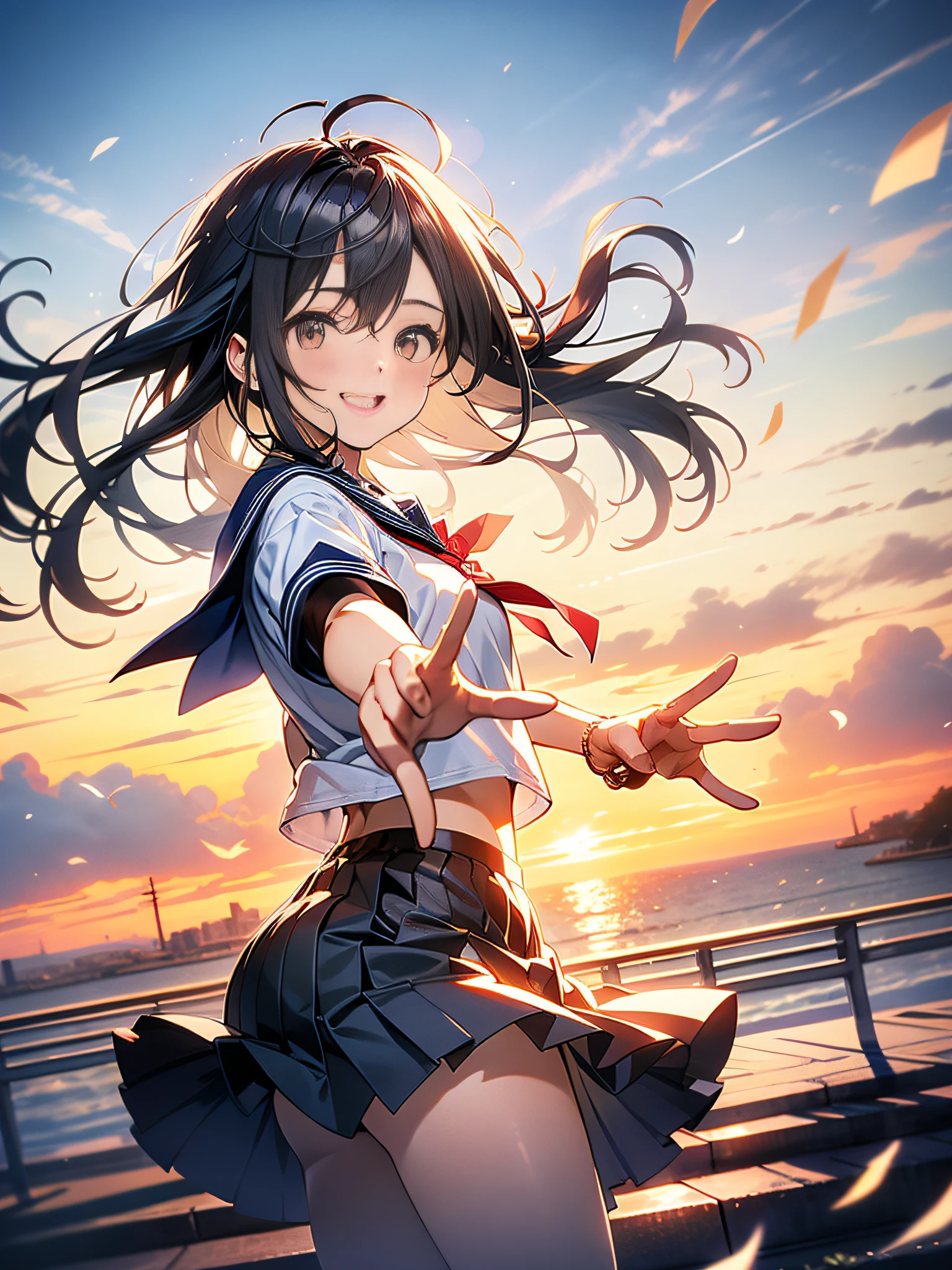 in 8K、top-quality、masterpiece、ultra-detailliert、Ultra-high resolution、Anime style、1 High Girl、校服、heavy wind、Check skirt、Skirt flipping in the wind、dance、spreading hands