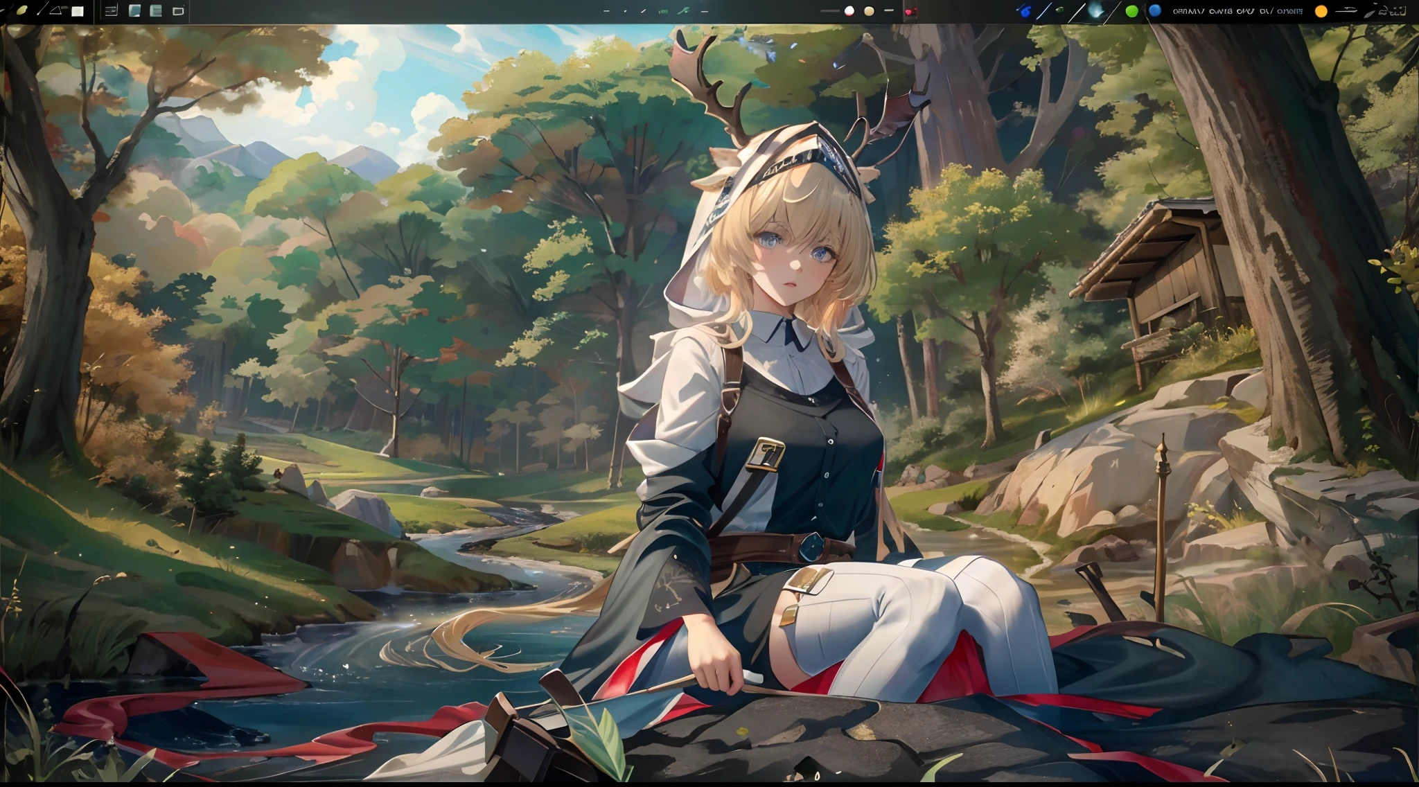 (((Masterpiece))),(incredibly_absurderes),(Best quality),(A high resolution),(Highly detailed),((CG unity 8k wallpaper)), ((Best quality)), 8K, high detal, Ultra-detailed, Detailed and intricate, 1girll, blond hairbl, shirt, River, forest, vivd colour,