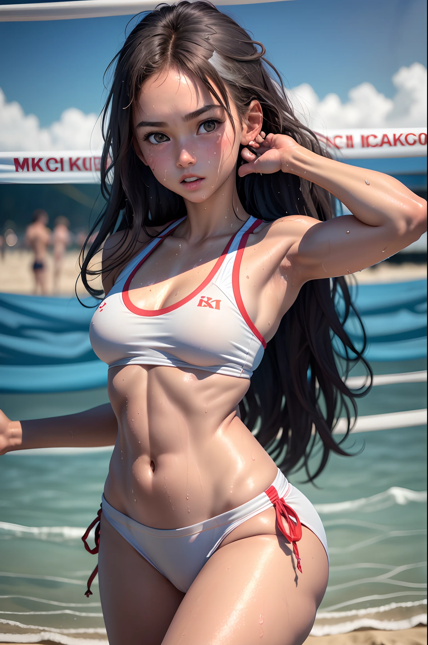 1girl in, (8K, Raw photo, Best Quality:1.2), (Realistic, Photorealsitic:1.37), Solo,Ultra-detailed,Beach volleyball player,jump,Teenage girl, (Detailed beautiful face)small head,Cute face, Large breasts,Narrow waist,nice legs, (Detailed realistic skin),shiny skins ,Wet skin,Sweat, Sporty,At the beach volleyball venue