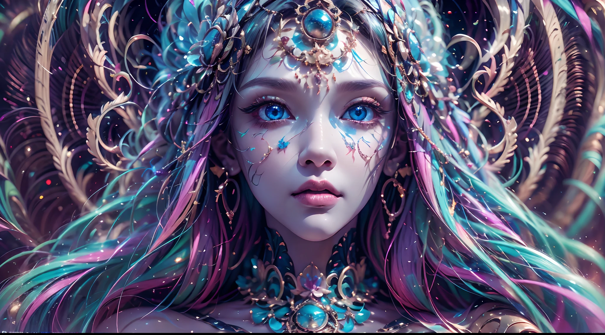 （best qualtiy，ultra - detailed，Most Best Illustration，Best shadow，tmasterpiece，A high resolution，professionalartwork，famousartwork），Sky blue picture style，Detailed eyes，beautidful eyes，closeup cleavage，sci-fy，colored sclera，Robot eyes，face markings，Tattooed with，（fractalized，Fractal eyes），largeeyes，Wide eyes，（Eye focus），sface focus，Cosmic eyes，Space eyes，Close-up of metal sculpture of a woman with a moon in her hair，goddes。extremly high detail，3 d goddess portrait，Extremely detailed footage of the goddess，a stunning portrait of a goddess，Side image of the goddess，portrait of a beautiful goddess，Full body close-up portrait of the goddess，hecate goddess，portrait of a norse moon goddess，goddess of space and time，PureErosFace_V1，Urzang-6500-V1 Edition.1，