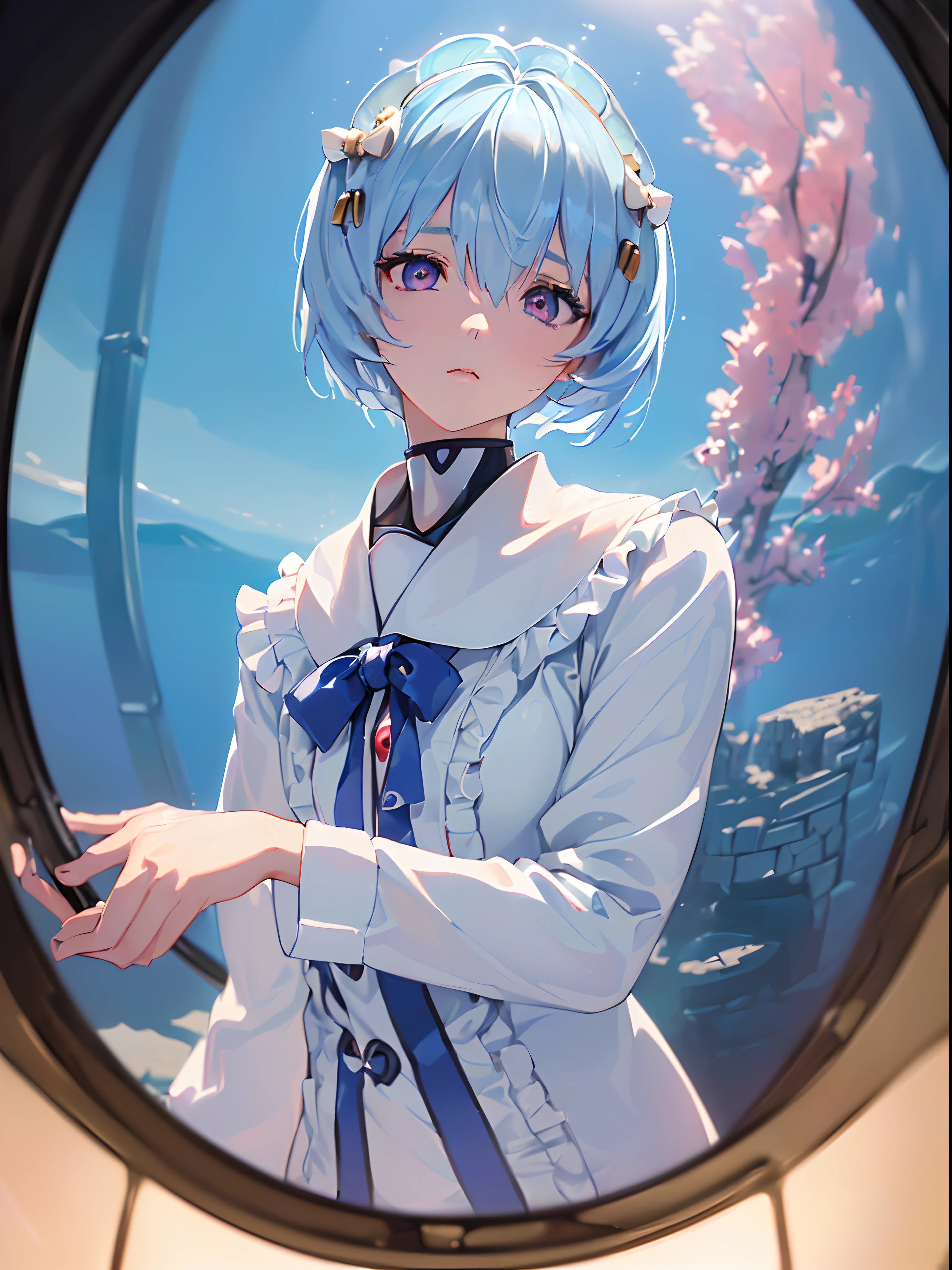 (((ayanami rei))),1girl,solo,(masterpiece,best quality, official art,aim to viewers, beautiful and aesthetic:1.2),(ultra high res,spiral, golden ratio, (4k), seen from above,space,floating,good lighting, (photon mapping, radiosity, physically-based rendering,automatic white balance), technological sense,Amazing,sharp focus,rich background, (((high detailed skin,)))dynamic lighting,intricate detailed outfit,glowing eyes,watery eyes,((short hair,))deadpan, skiny,  turtle neck, short skirt,ribbon,button shirt,(masterpiece sidelighting),(bishoujo,lustrous),(sky blue hair,pink eyes,）[[delicate fingers and hands:0.55]::0.85],(detail fingers),((((SLR camera lens reflected in the eyes,Ultra Photographic Quality,fisheye)))),((incredibly absurdres)),micro shot,((extremely_detailed_eyes_and_face)),(disheveled hair),at night,FilmGirl