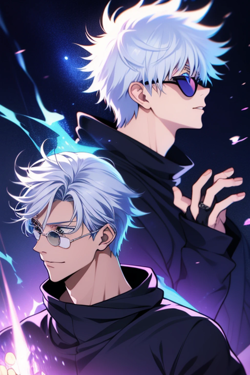 ((High detail、Cinematic lighting))、messy white hair、aquamarine eyes、white lashes、raios de deus、ray tracing、sombra projetada、optical illusion、Parte superior do corpo、looking at the camera、master part、((Super Detalhe、best quality、8k))、Jujutsu Kaisen、Gojo Gojo、Traje preto、Surgical deployment、Fundo preto do jato perfeito、olhar sereno、Ser Poderoso、mystic atmosphere、(Estranho luar、Ominous shadows、 Aura azul intensa、 Aura vermelha intensa、Symbol of the power that surrounds you、Radiating Magical Energy、Mystical artifacts、Ether particles、dinamic pose、Epic Soundtrack、a sense of wonder、(((Detailed hand)))、Sunglass