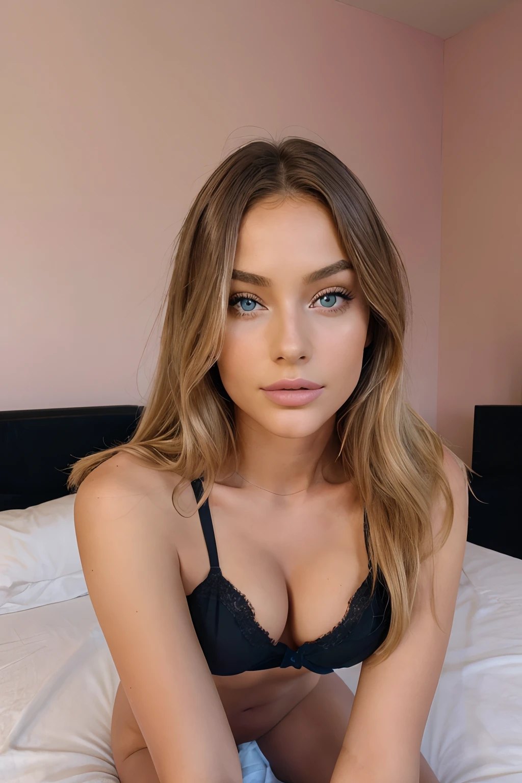 femme, Models, fille sexy aux yeux bleu et vert, ultra realist, Meticulously detailed, Portrait, cheveux blond et grands yeux, selfie of a young woman, Yeux de chambre, Violet Myers, sans maquillage, maquillage naturel, looking straight at camera, Visage avec Artgram, Maquillage discret, Great photo of the whole body kneeling on the bed, dans la chambre, Medium to large bust