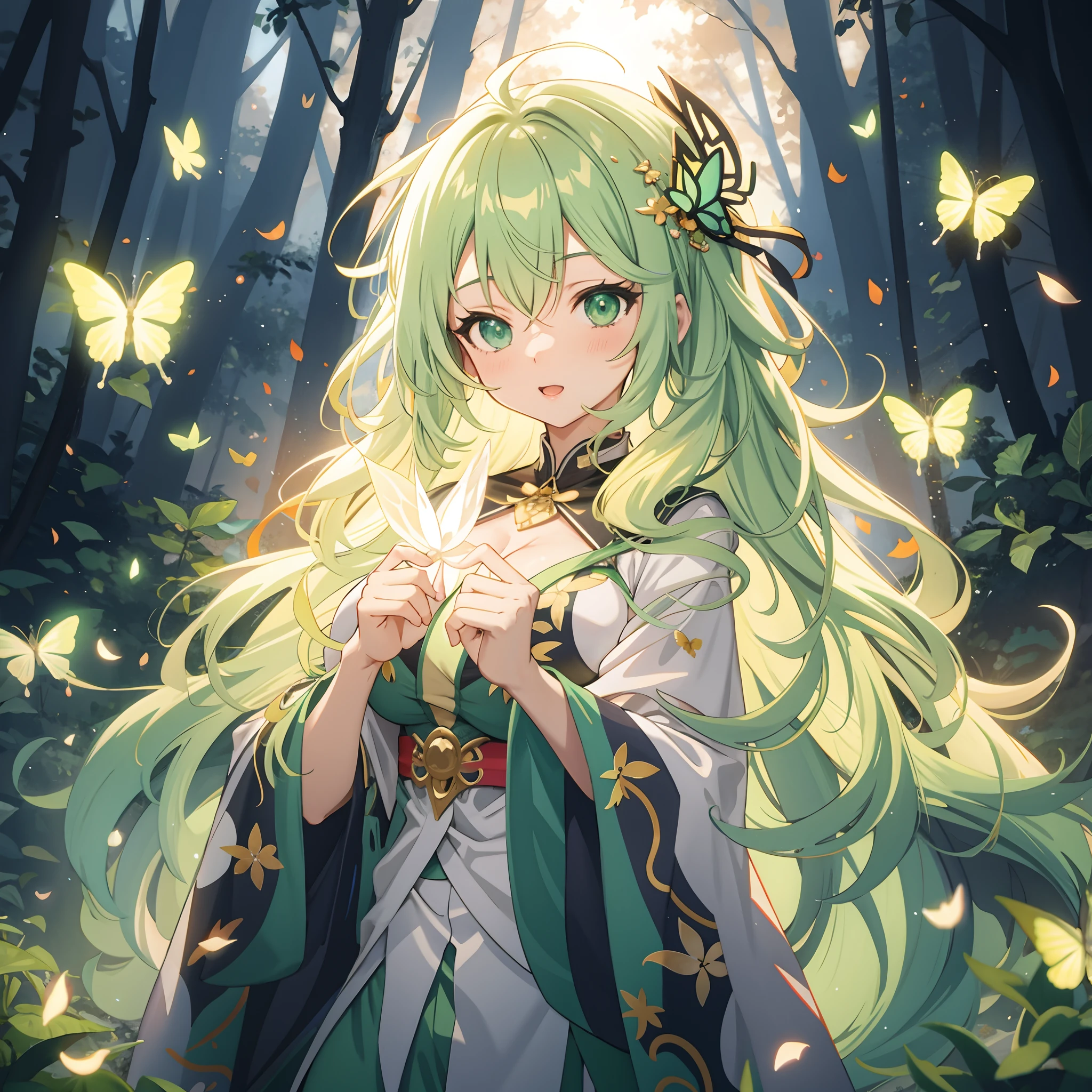 anime girl, green hair, flowing robes, glowing butterflies, mythical forest, neon lighting, sexy, large breasts