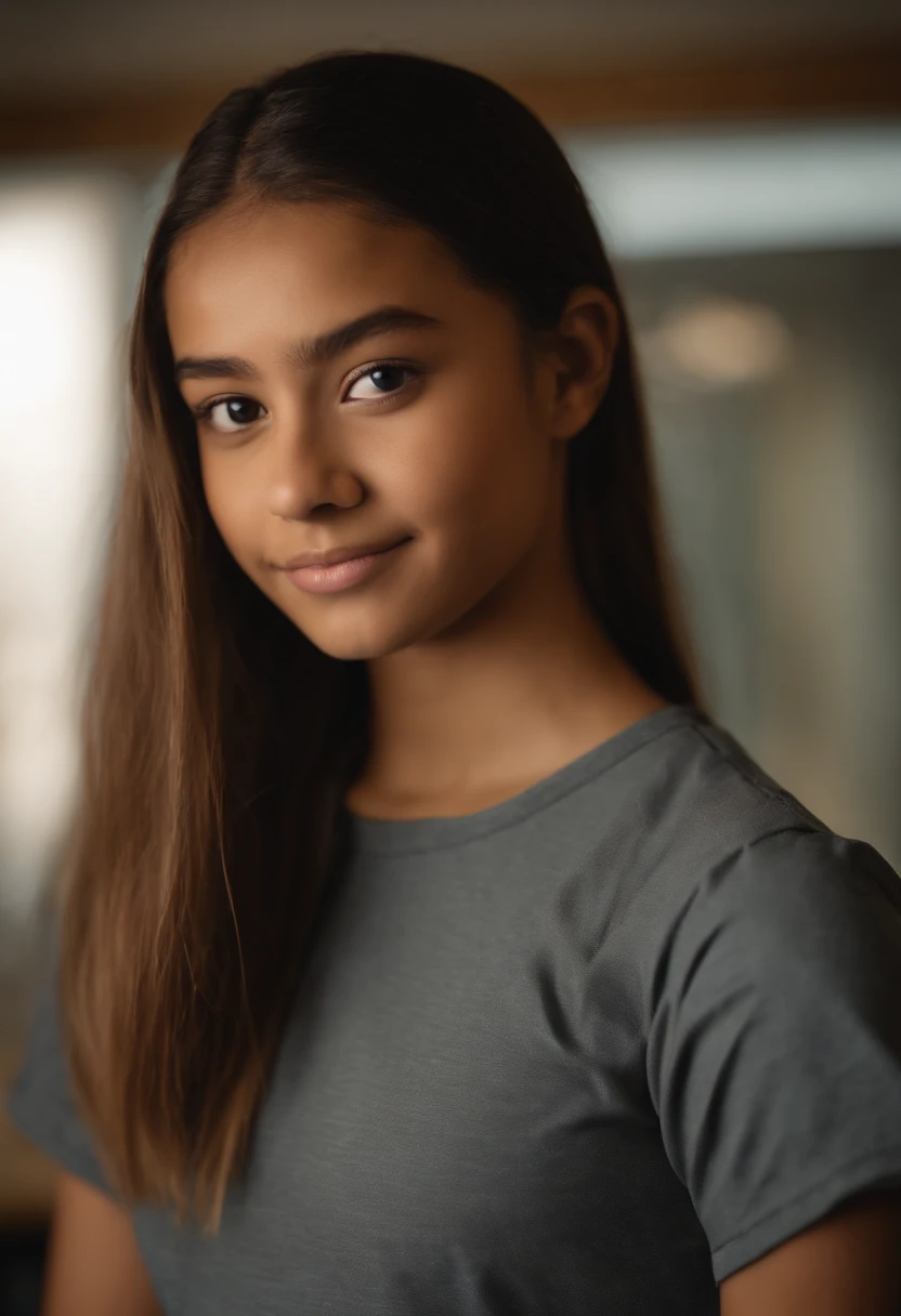  girl，Light brown skin，There are the words "integrity" on the forehead，Plain white short-sleeved top，Classroom corridors，Brown medical mask，Single ponytail