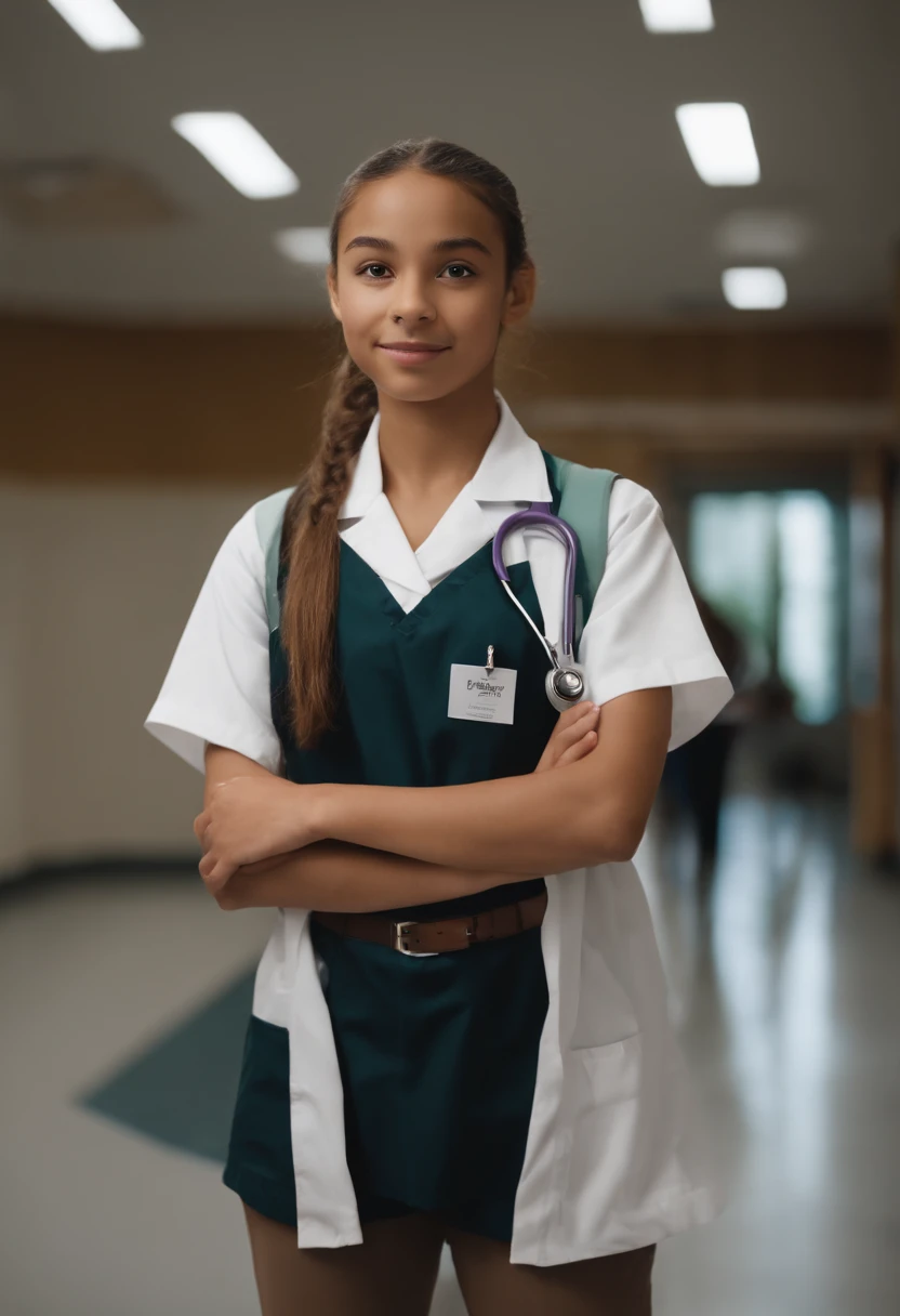 girl,Light brown skin,There are the words "integrity" on the forehead,Plain white short-sleeved top,Classroom corridors,Brown medical mask,Single ponytail