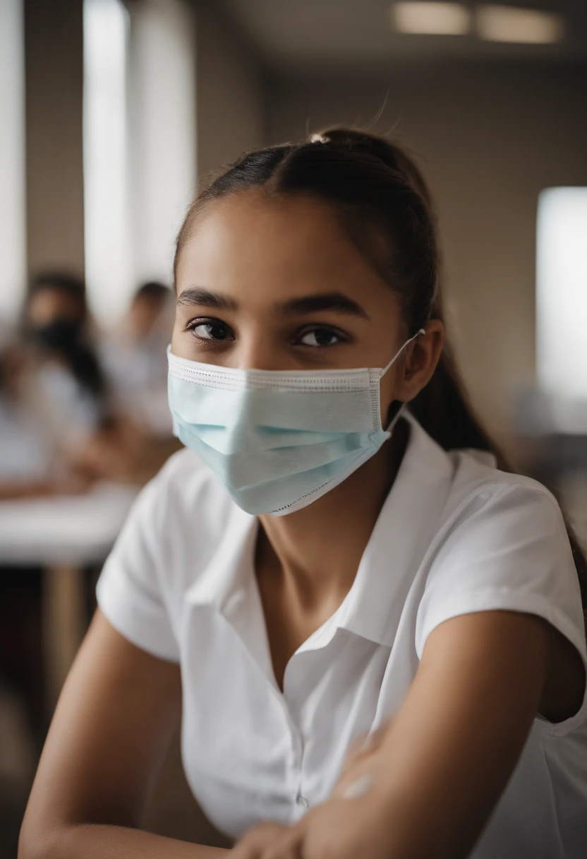 15 year old girl，Light brown skin，There are the words "integrity" on the forehead，Plain white short-sleeved top，Classroom corridors，Brown medical mask，Single ponytail