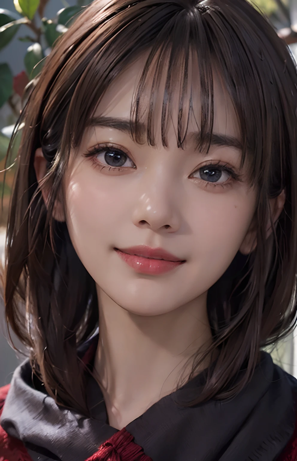 (A hyper-realistic)、(illustratio)、(hight resolution)、(8K)、(ighly detailed)、(Best Illustration)、(beautifully detailed eyes)、(top-quality)、(ultra-detailliert)、(masterpiece)、(wall-paper)、(A detailed face)、独奏、1 girl in、looking at viewert、fine detailed、A detailed face、in the darkness nigth、deep-shadows、lowkey、pureerosfaceace_v1、A smile、a pixie cut、Red shawl、46-point diagonal bangs、straight hair