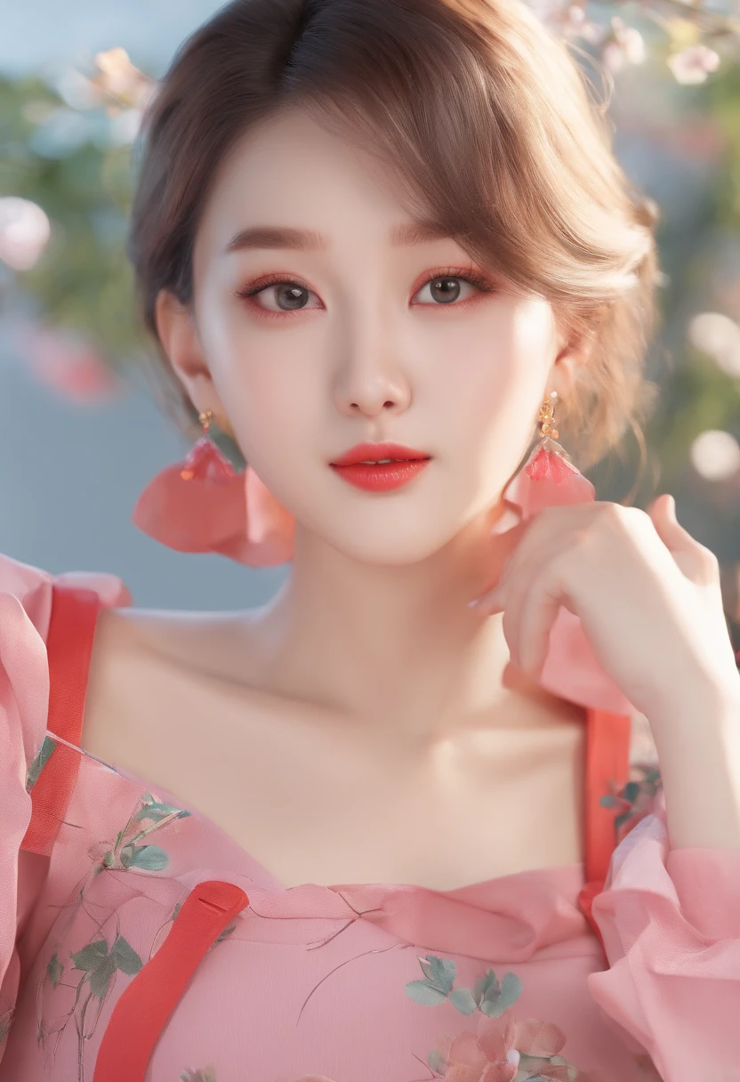 Gentle and charming Chinese beautiful woman, half-length photo, delicate and sexy collarbone, charming oval face, double eyelids, vivid peach blossom eyes, pink lips, small nose, bare shoulders, focused face, face close-up, ultra-high-definition, Super details, elegant standing posture, Korean style puff sleeve square collar slim short shirt, matched with high waist light-colored jeans suit